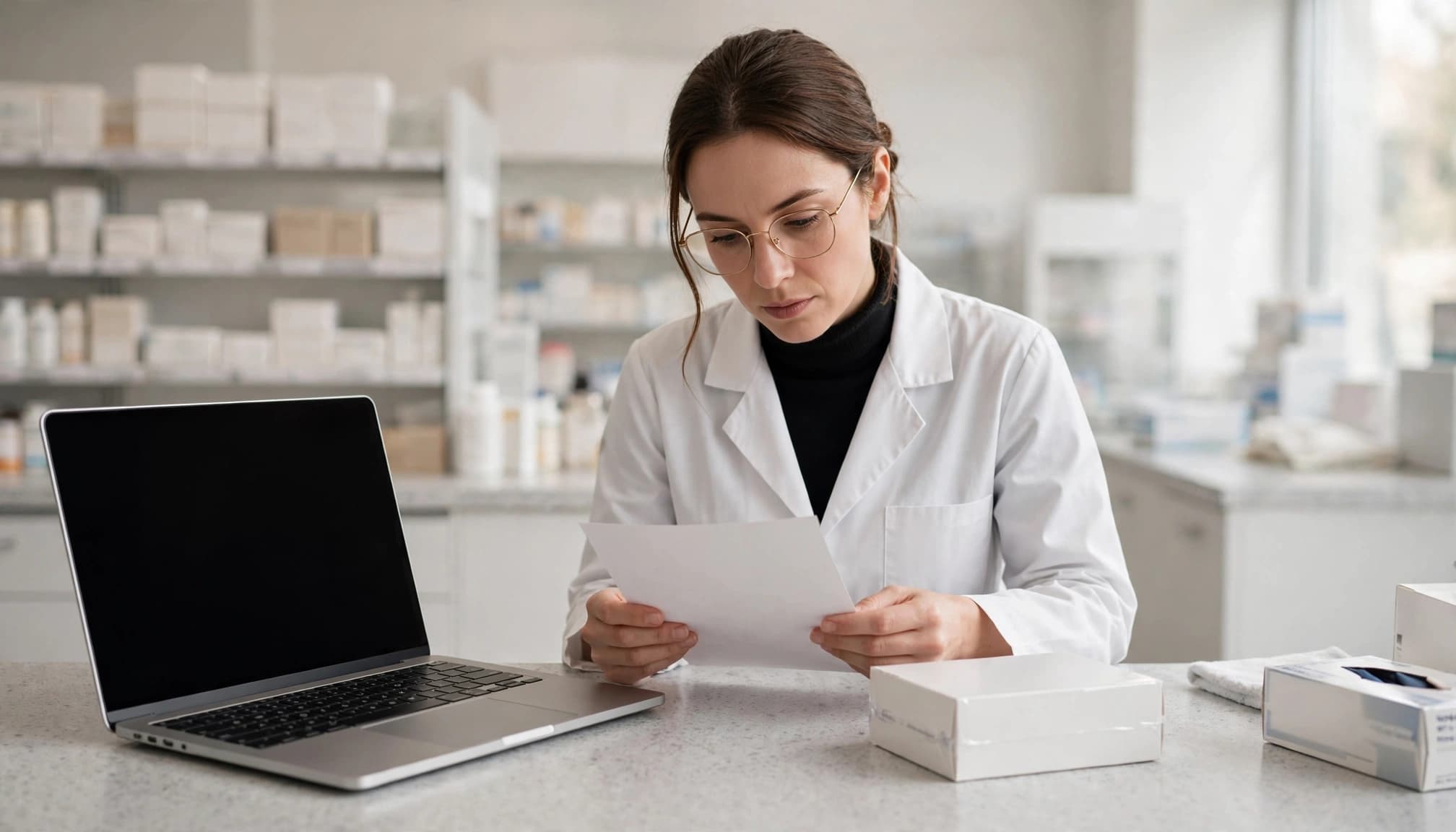 Pharmacist checking a prescription beside medicine packaging at a pharmacy workstation.