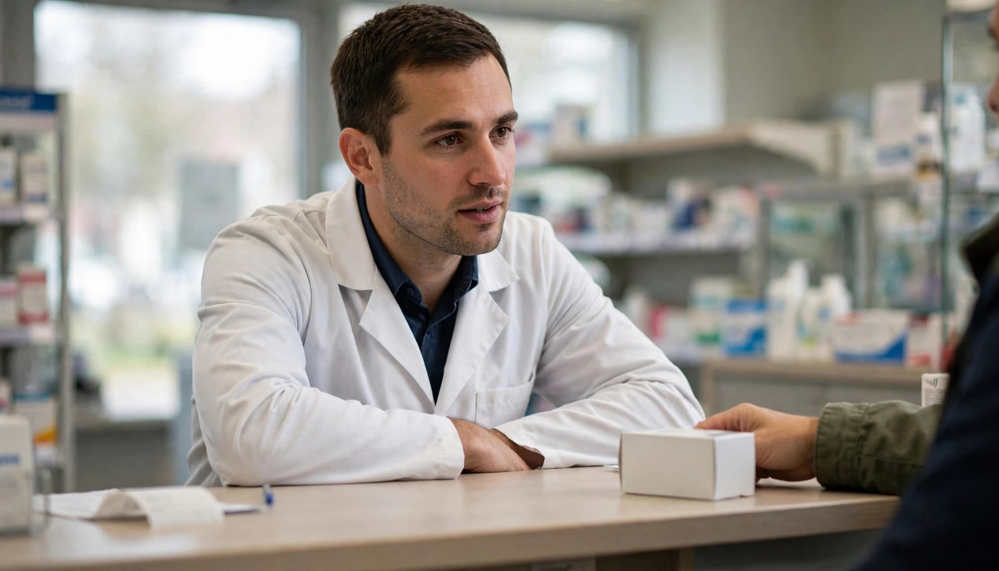 A pharmacist speaks with a cropped patient beside one medicine carton.