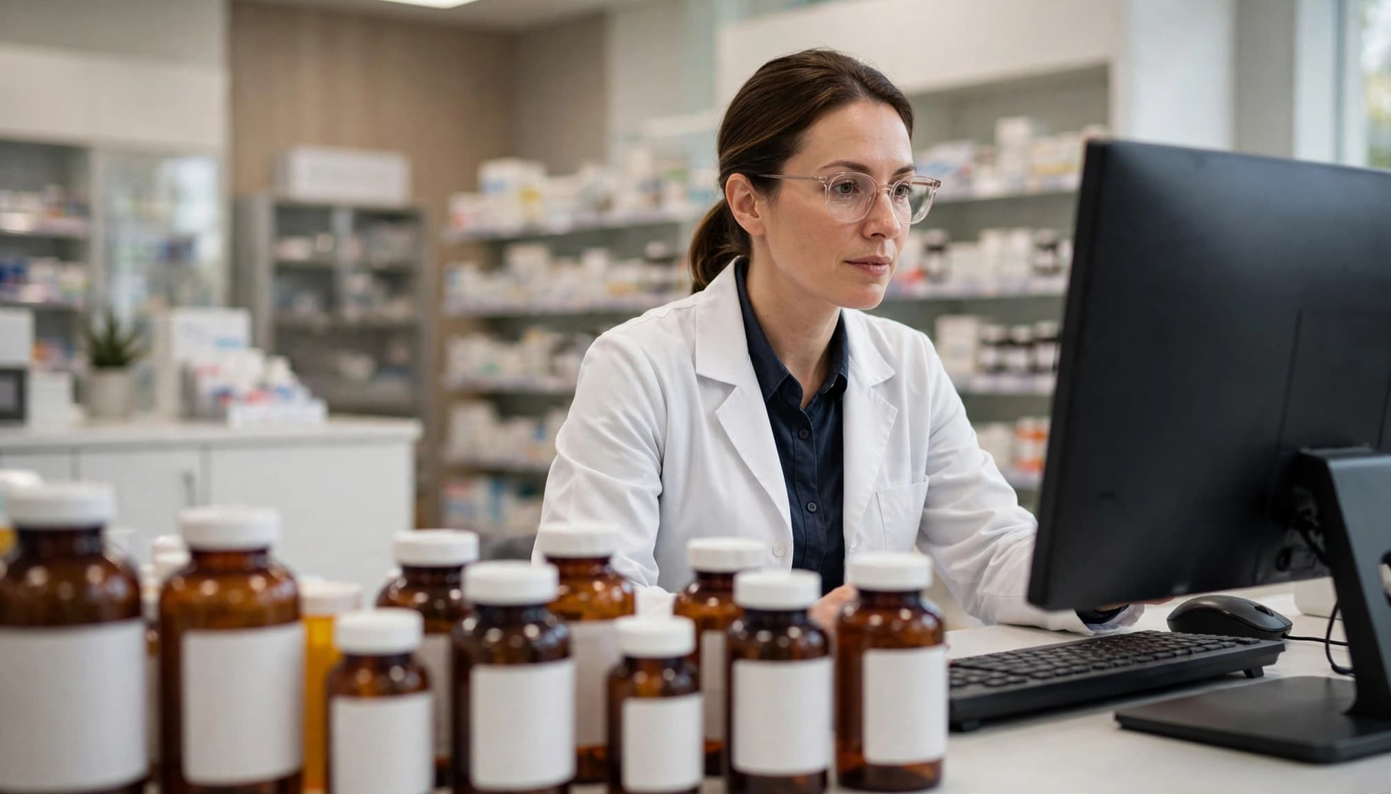 A pharmacist reviews a computer beside labeled medication containers at a pharmacy counter.