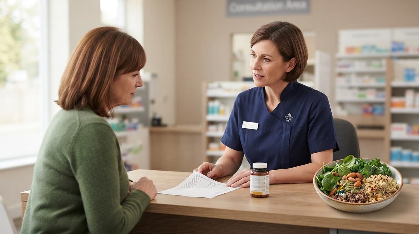 A pharmacist discusses supplements with a patient beside healthy foods and a supplement bottle.