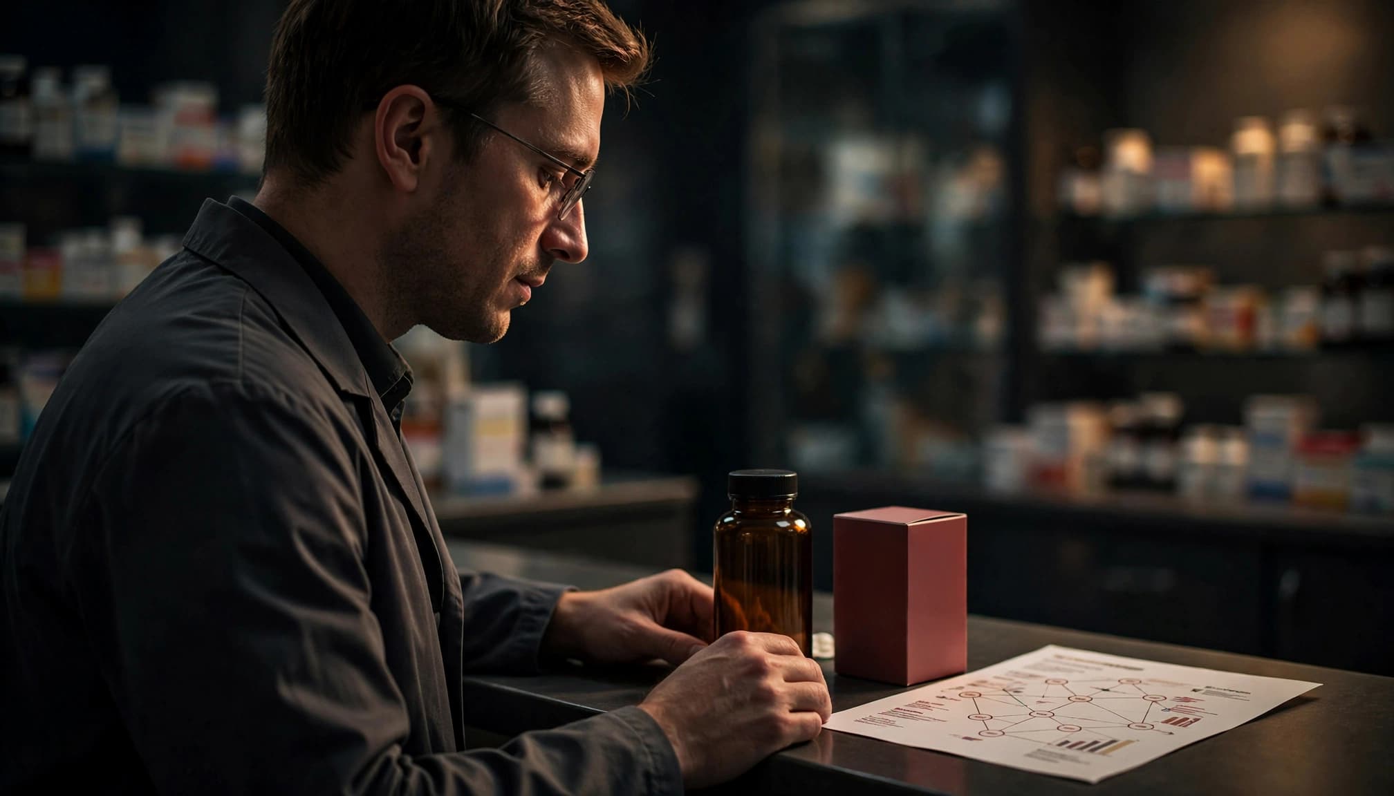 A pharmacist reviews a supplement bottle beside prescription medicine and an interaction chart.