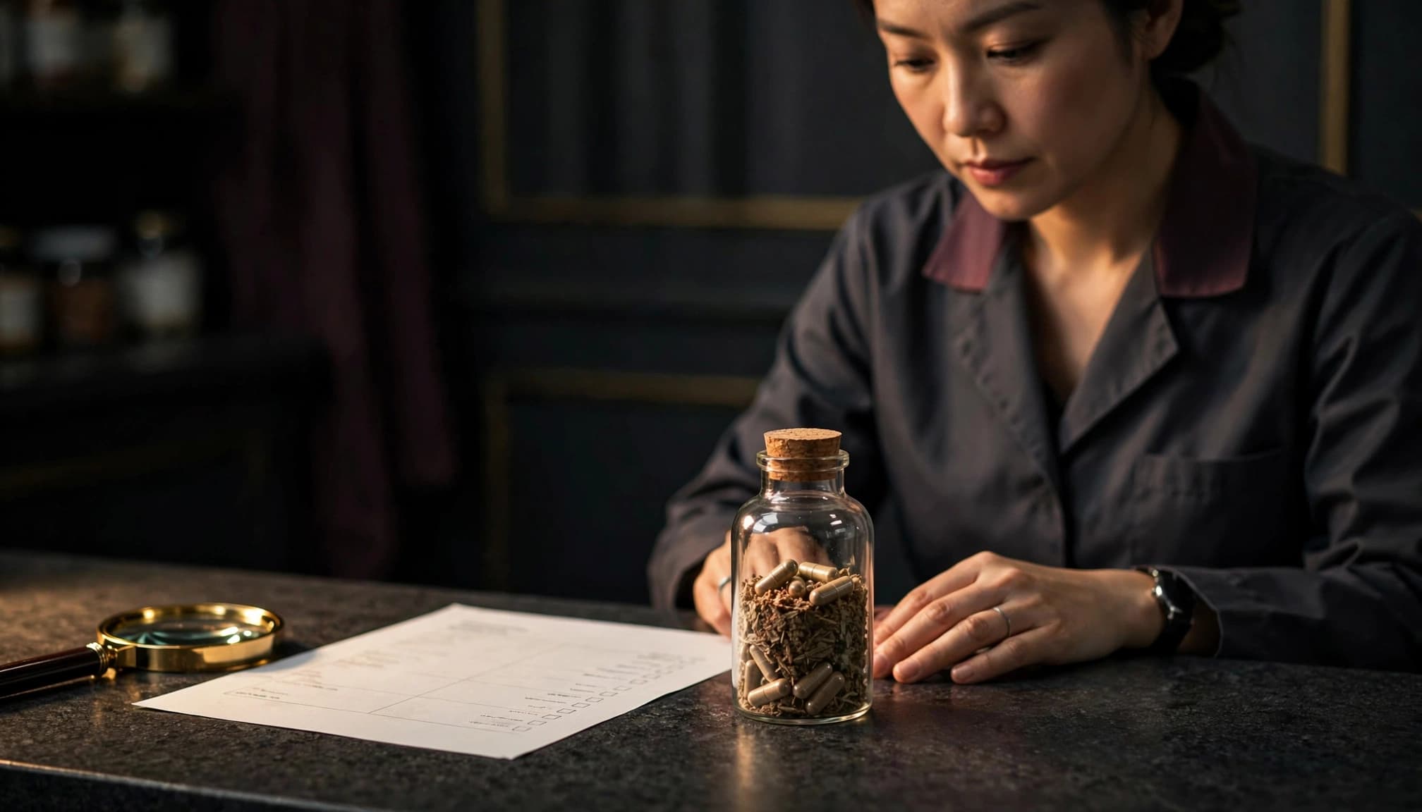 Pharmacist examining an herbal supplement bottle beside a medication list and magnifying glass.