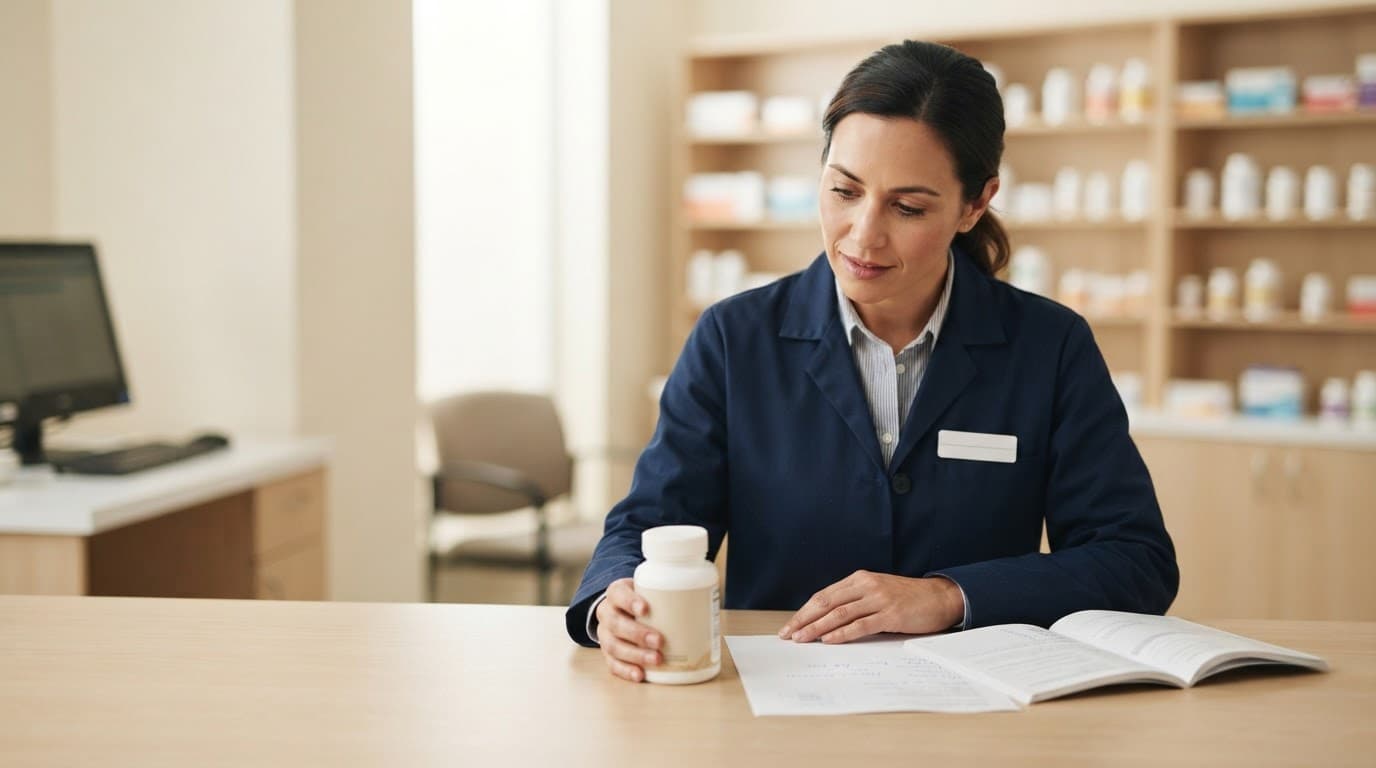 A pharmacist reviews a supplement container beside a medication list in a bright consultation room.