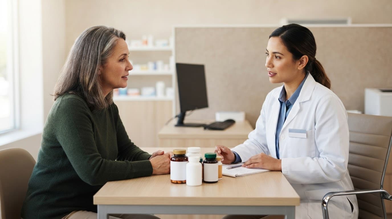 A pharmacist and patient review vitamin bottles at a consultation table.