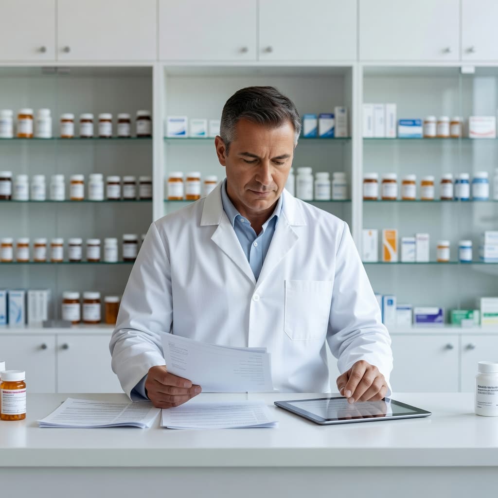 A focused professional pharmacist stands in a sterile, modern pharmacy space while carefully examining clinical paperwork. Shelves stocked with various medical supplies line the bright, organized background behind the workstation area.
