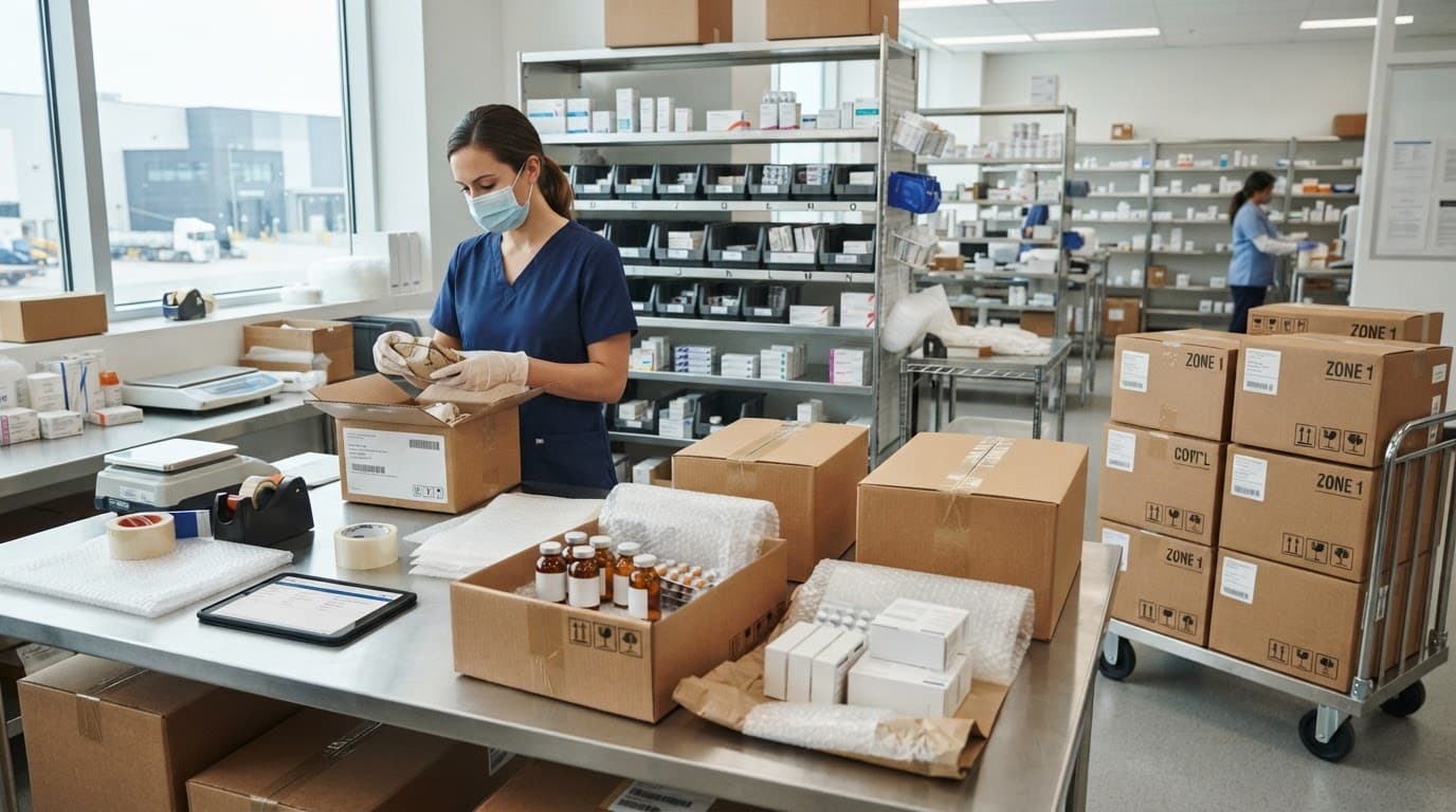 Prescription boxes and secure shipping containers arranged on a clean pharmacy counter.