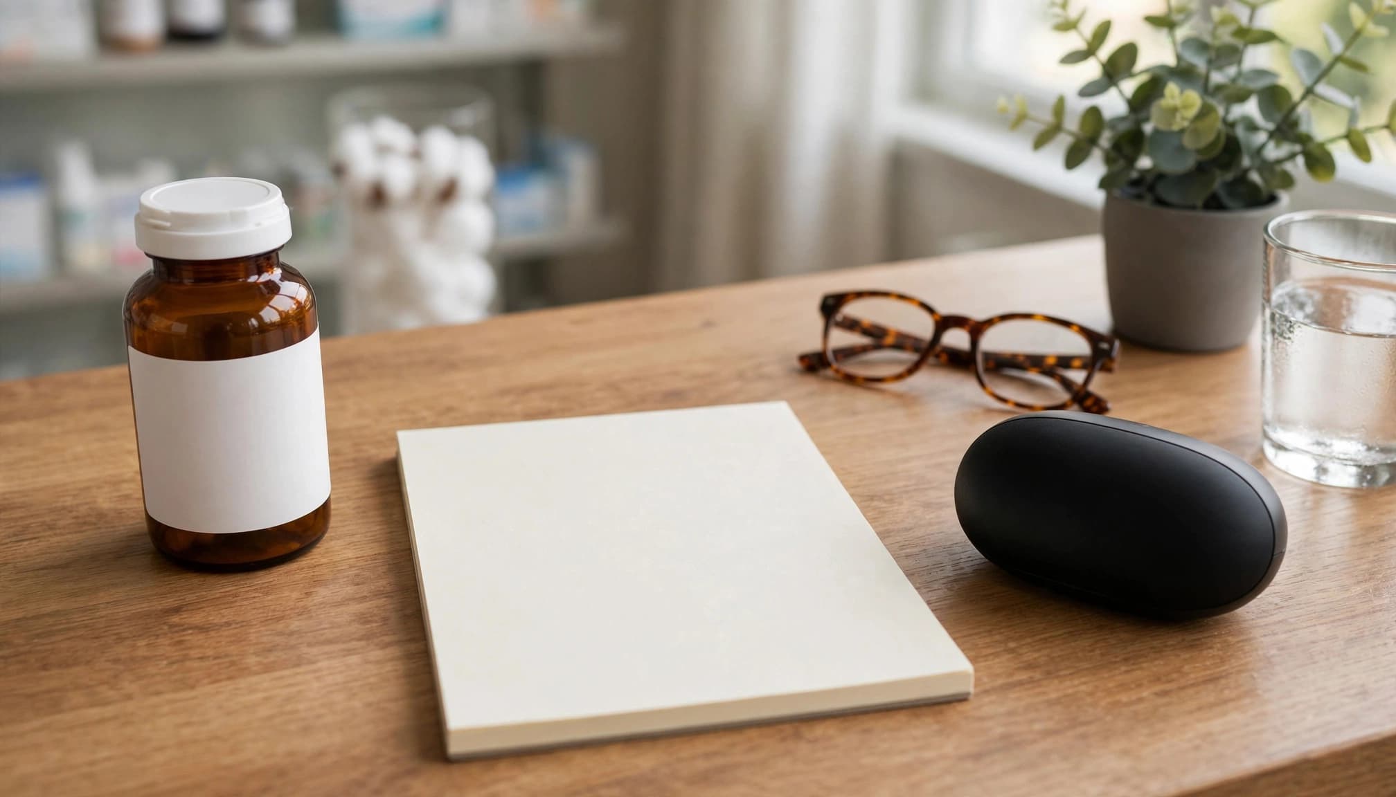 An unopened medication bottle and blank notepad sit on a pharmacy counter.
