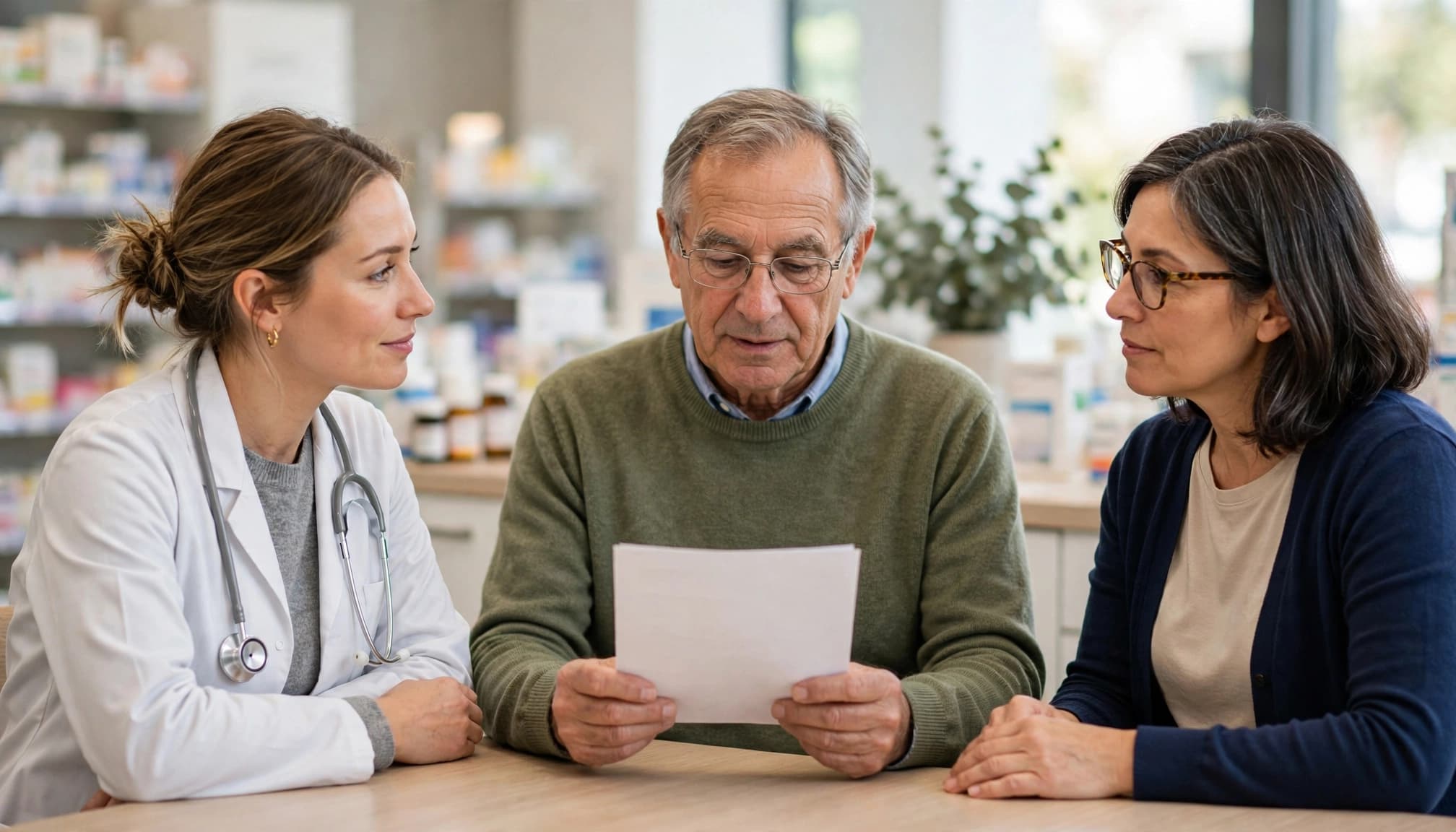 A pharmacist talks with an older patient holding a paper list while a caregiver sits nearby.