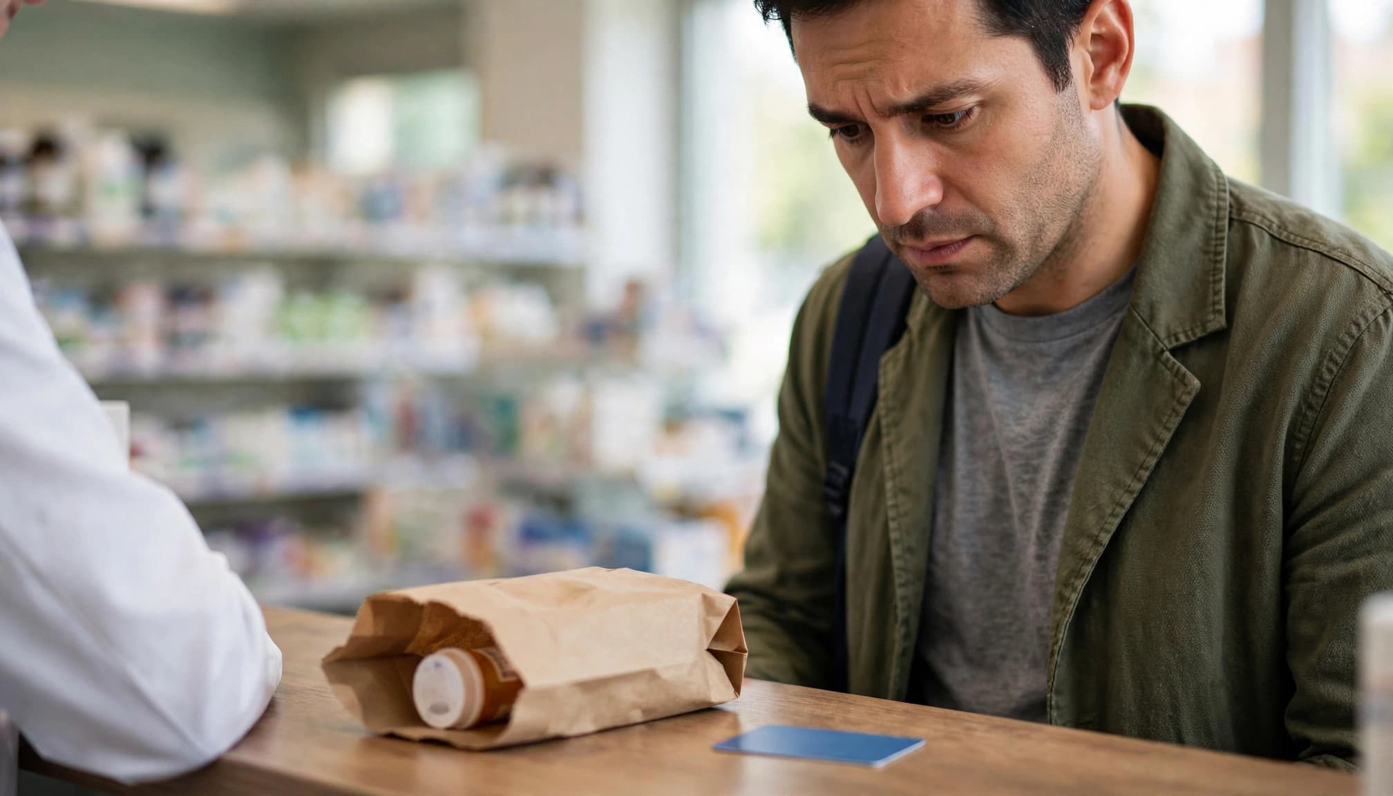 Patient reviewing a prescription bag and insurance card at a pharmacy counter.