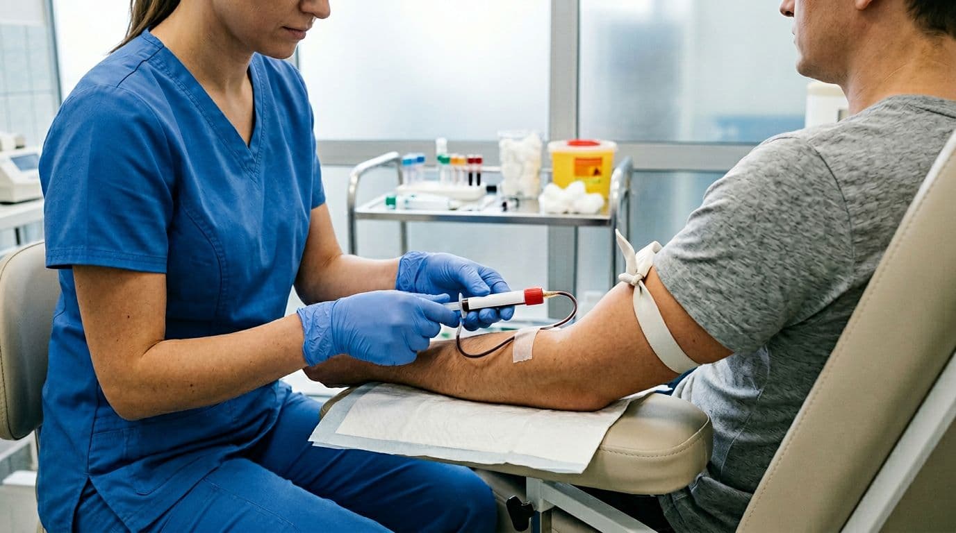 A phlebotomist draws blood from a patient's arm in a brightly lit clinic, focusing on the procedure with generic vials and blurred faces for privacy.