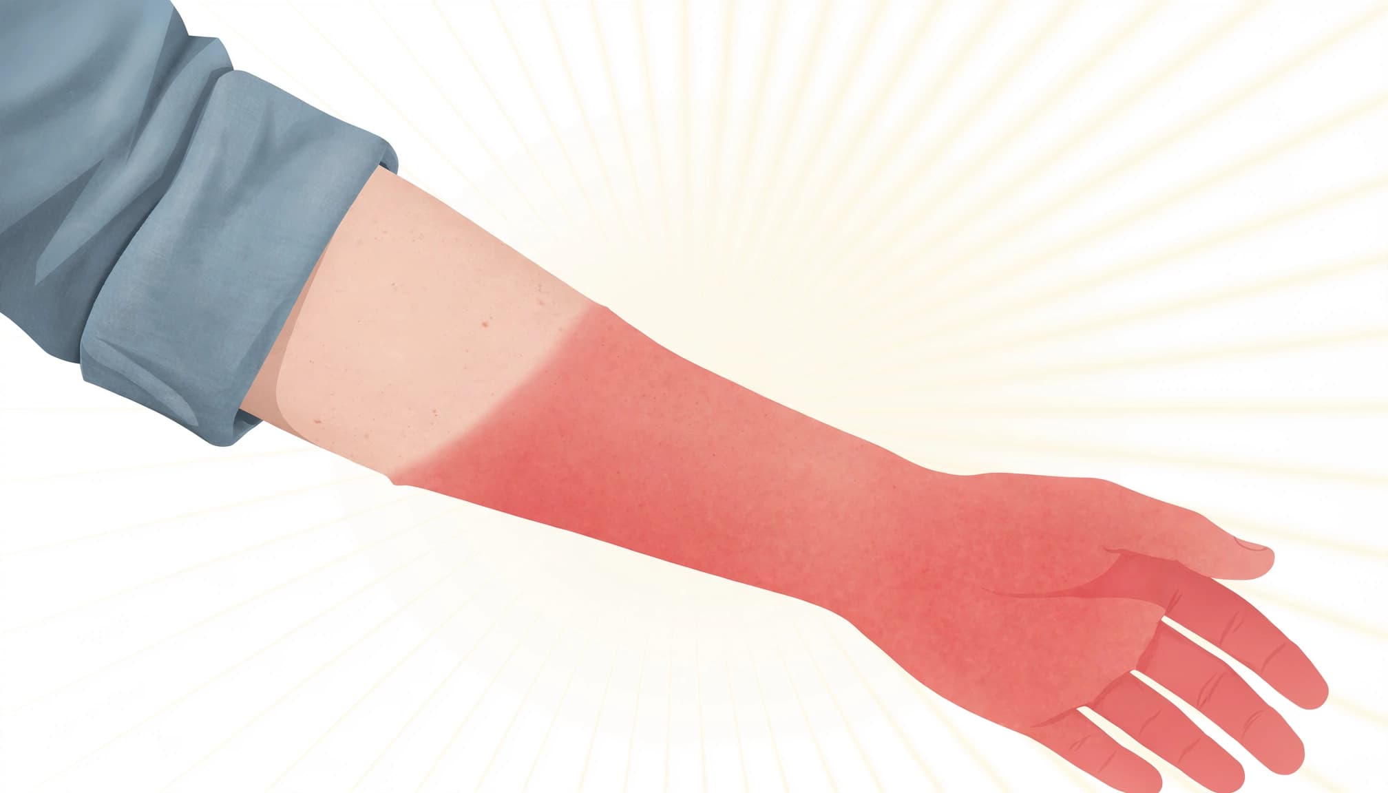A medical illustration of a human arm showing sharply defined redness on the sun-exposed skin below the sleeve.