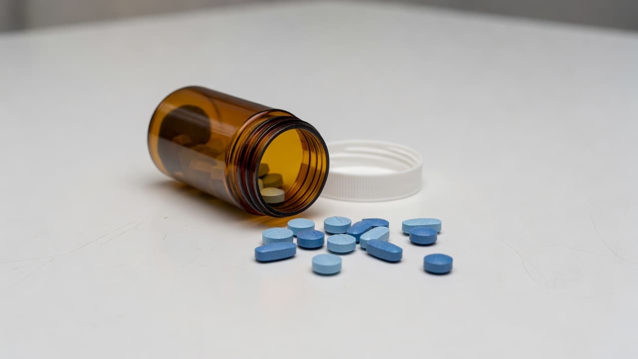 An open amber plastic bottle sits on a stark white surface surrounded by scattered blue pharmaceutical tablets. The clinical scene uses soft lighting to highlight the subtle color variations between pills.