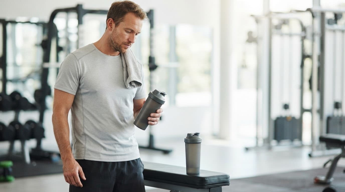 Relaxed lifter holding a shaker bottle beside another on a gym bench.