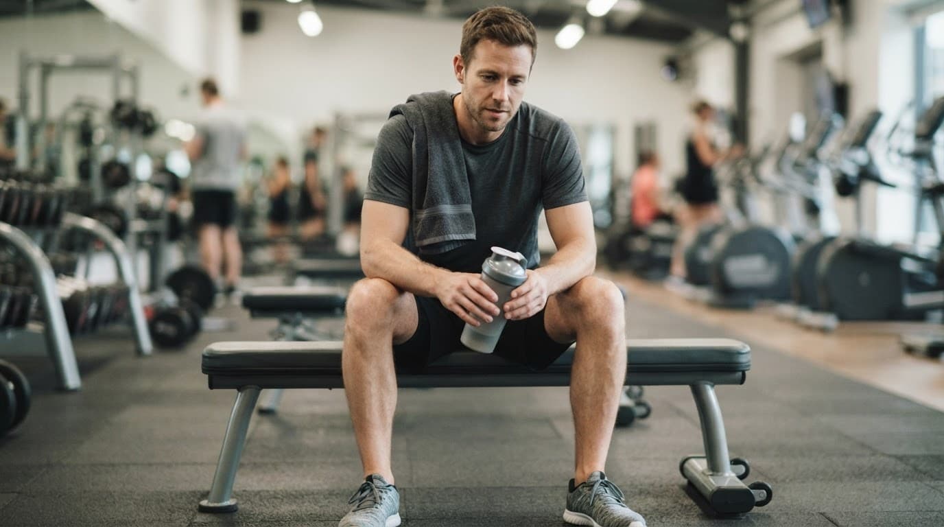 Athlete seated on a gym bench holding a shaker with a towel over one shoulder.
