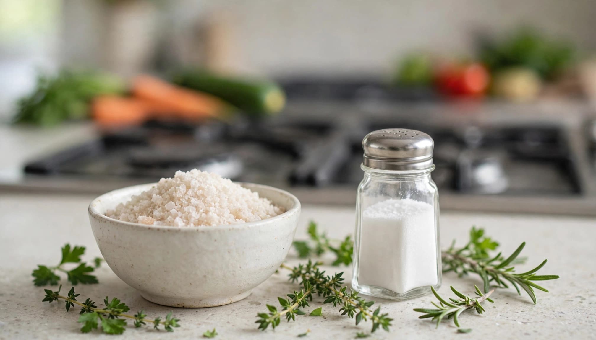 A ceramic bowl of salt and a salt shaker on a kitchen counter with fresh herbs.