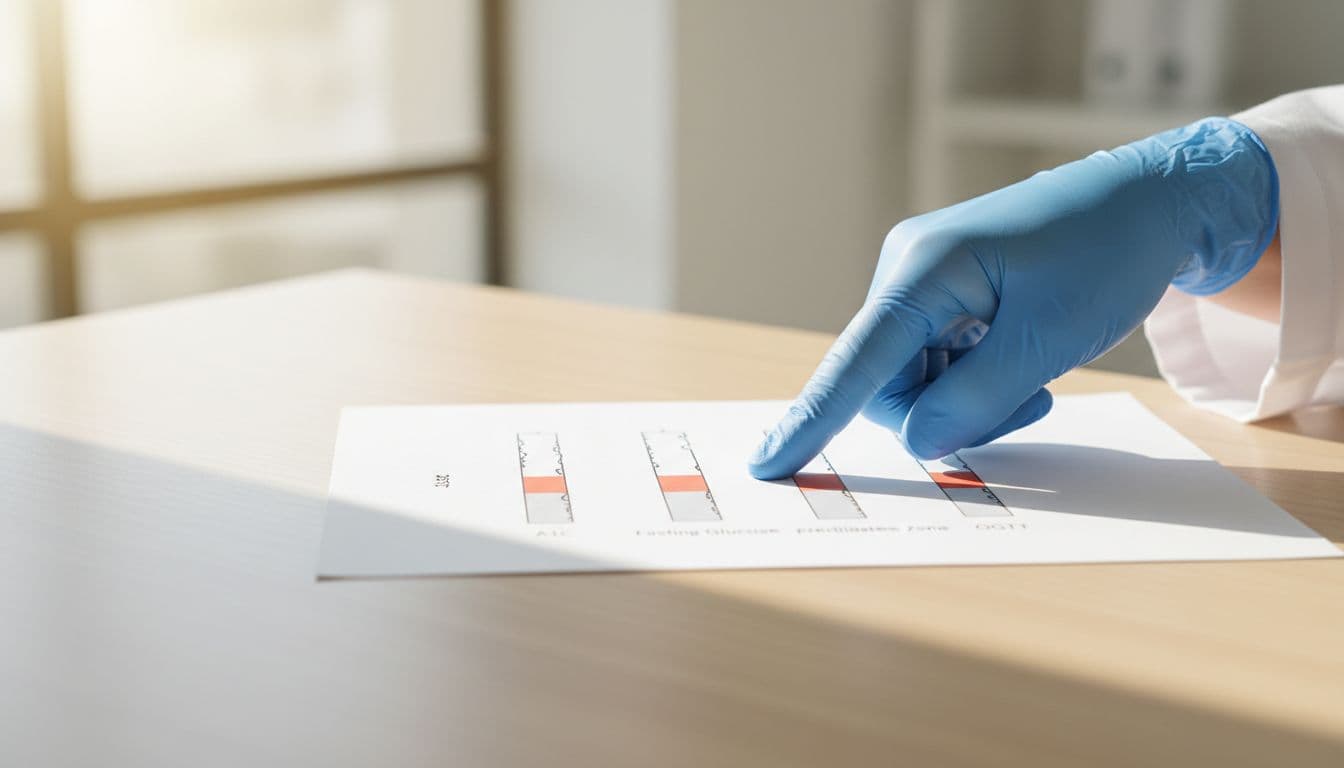 A simple medical chart on a clinic desk shows ranges for A1C, fasting glucose, and OGTT in the prediabetes zone, with a doctor's gloved hand pointing to it in bright natural light.