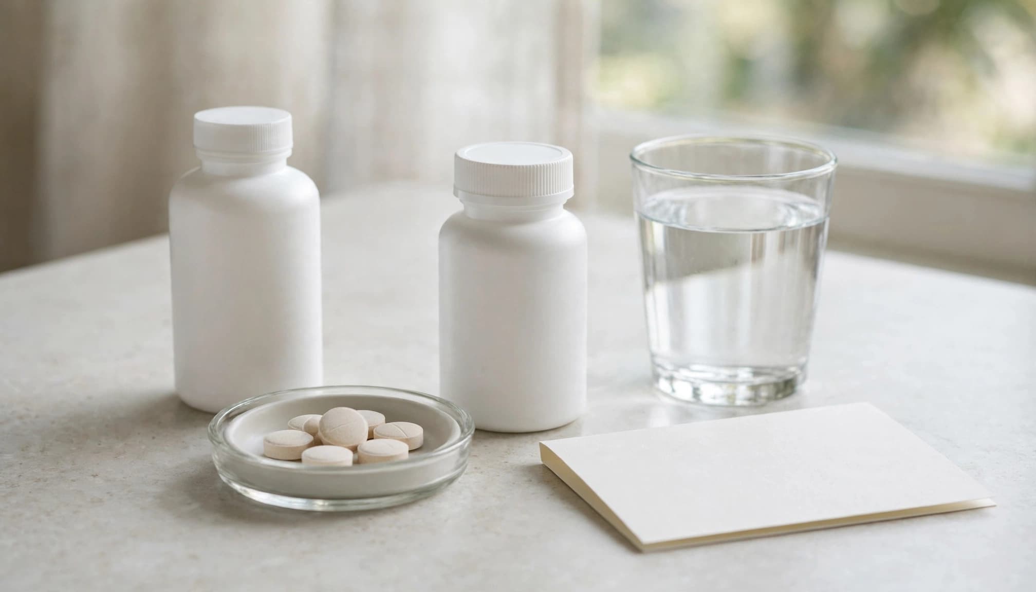 Medicine bottles, tablets, water, and a blank note card on a kitchen counter.