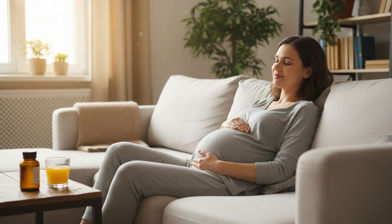 Pregnant woman rests on couch hand on belly near glass of orange juice and iron supplement bottle.