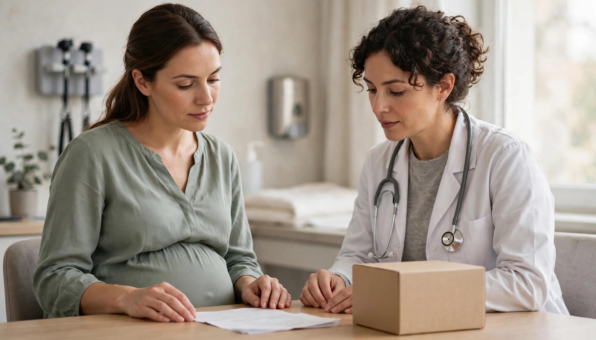 A pregnant patient and clinician review medicine beside a paper list at a clinic table.
