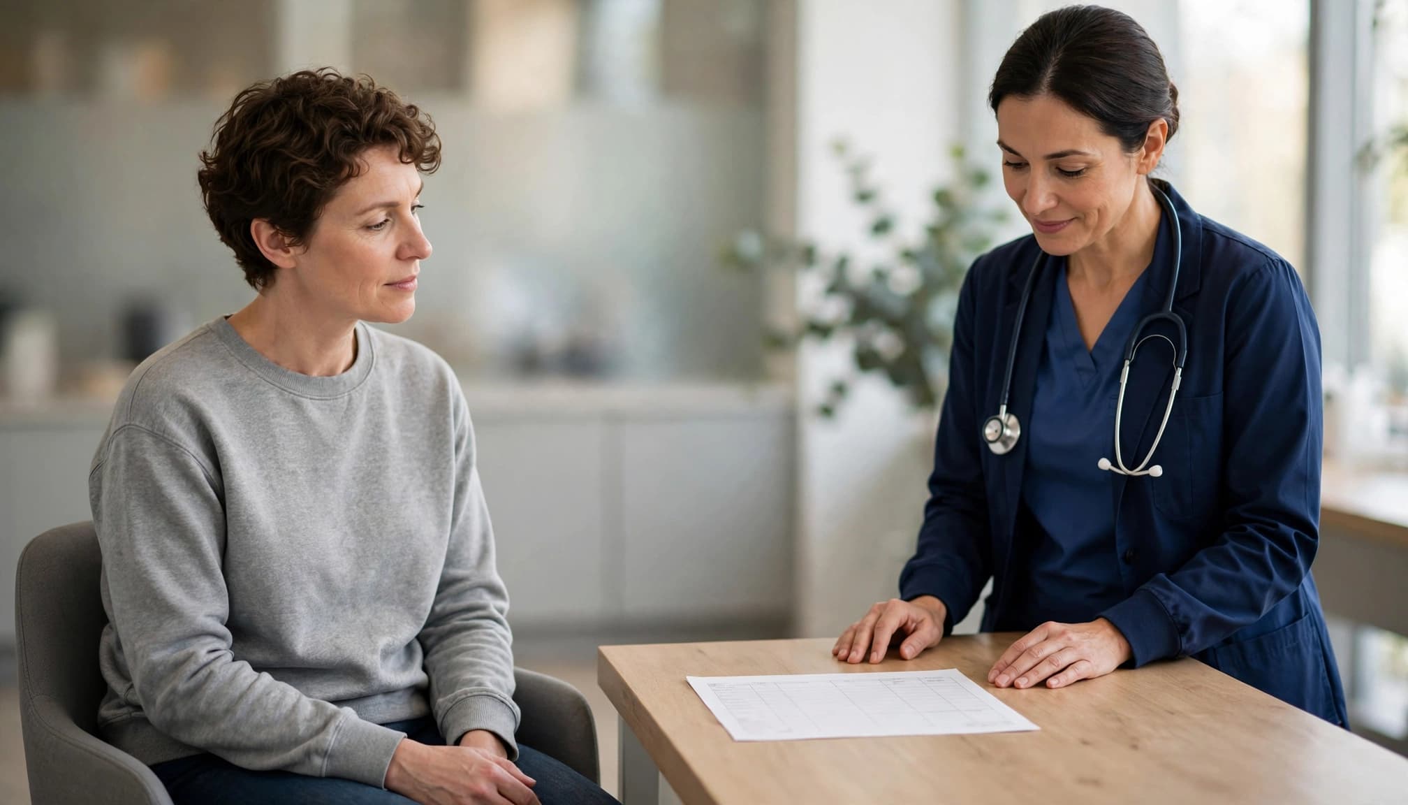 A seated patient and clinician review a blank chart in a bright clinic.