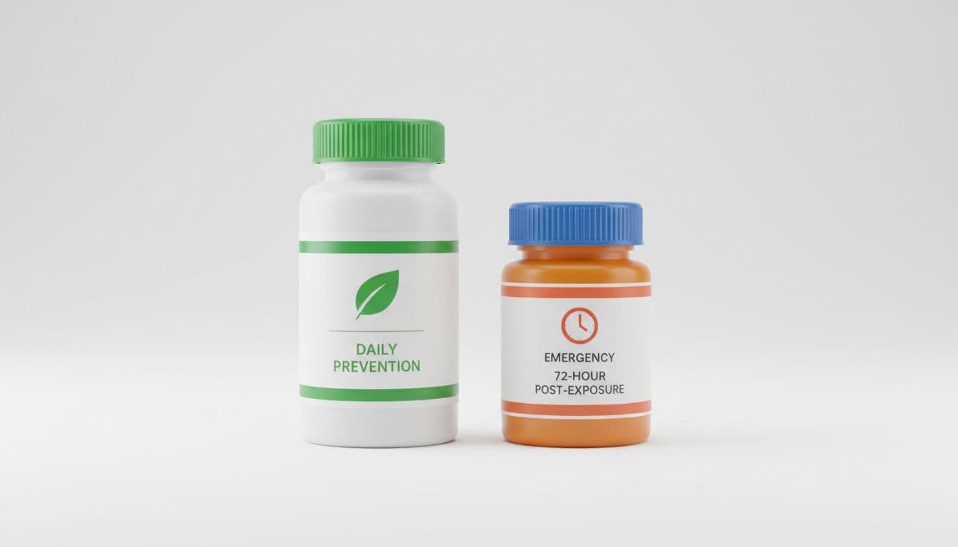 Two white medication containers rest side-by-side on a pristine, sterile surface. One bottle symbolizes daily preventative care, while the adjacent container represents specialized short-term emergency medication for post-exposure support.