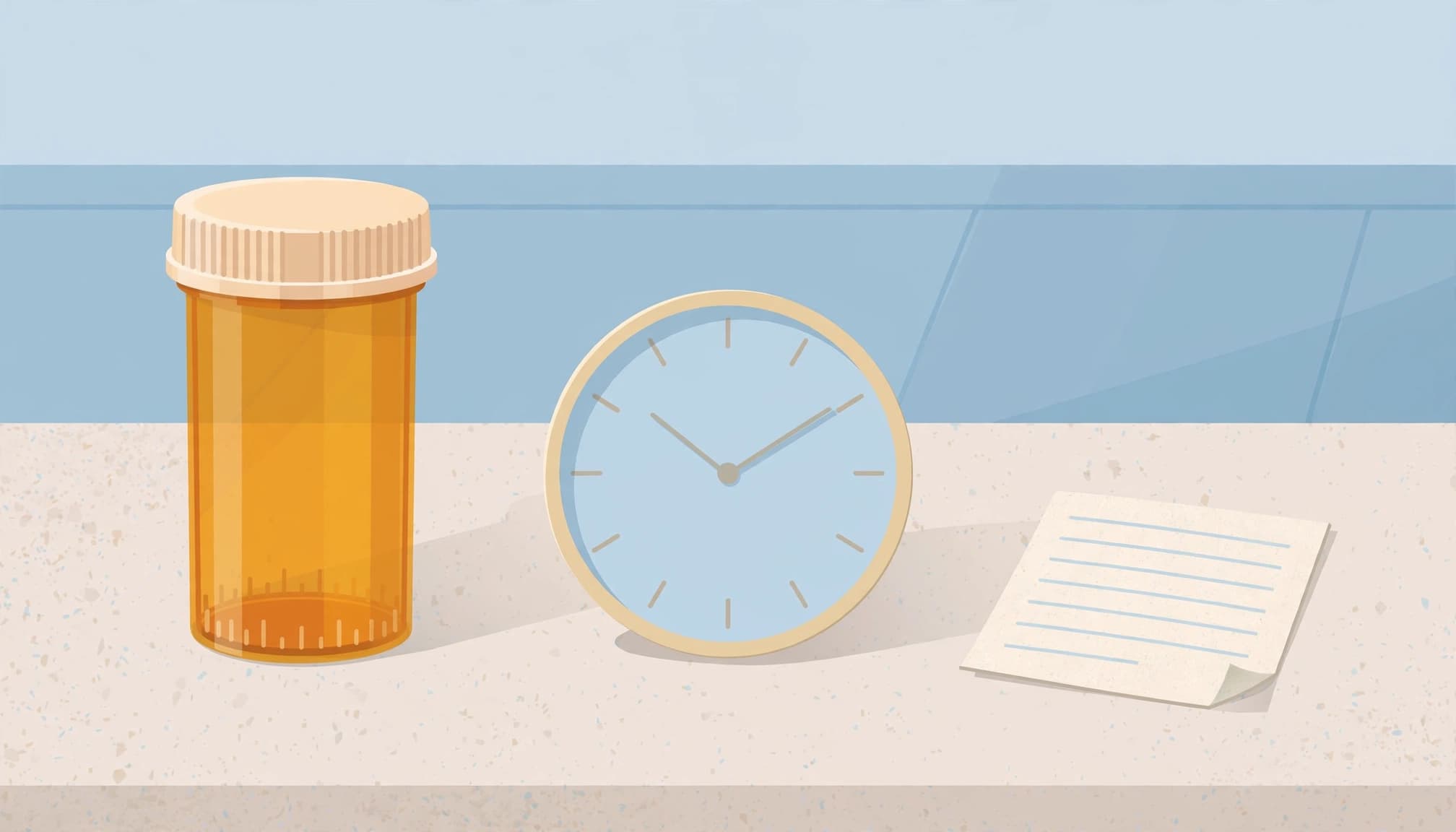 An amber prescription bottle, an analog clock, and a note with blank lines on a counter.
