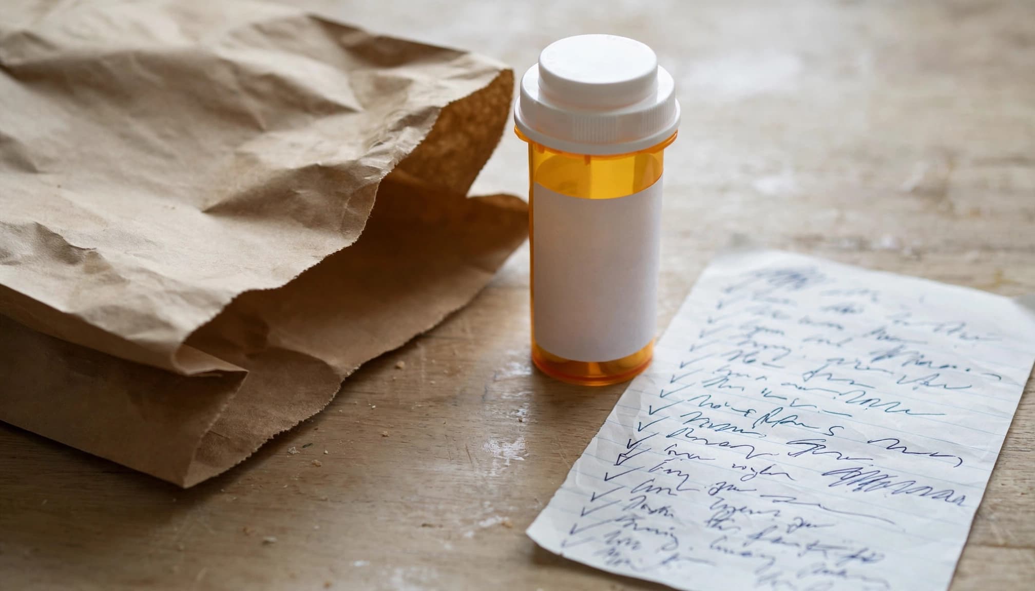 A medicine bottle, pharmacy bag, and marked list sit on a kitchen table.