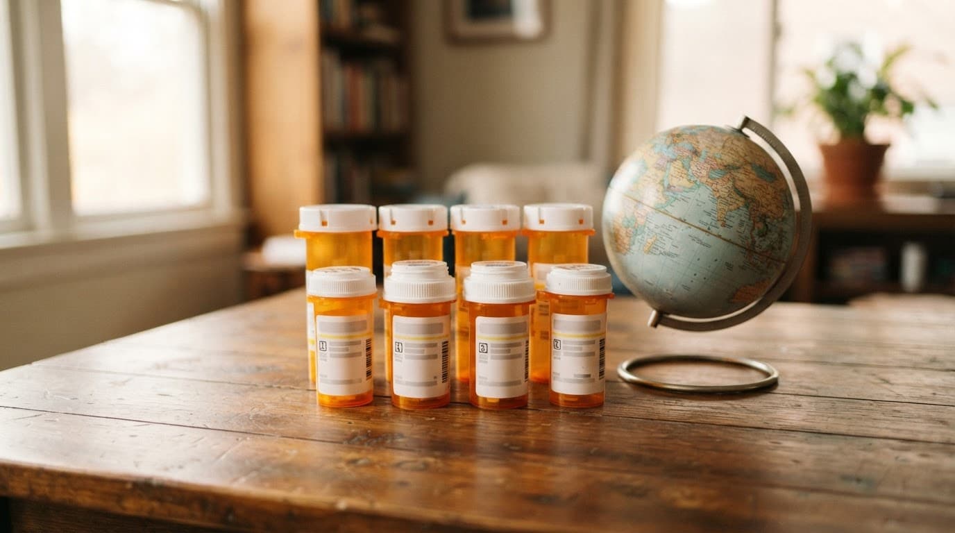 Prescription bottles and a small globe sit on a wooden table in warm light.