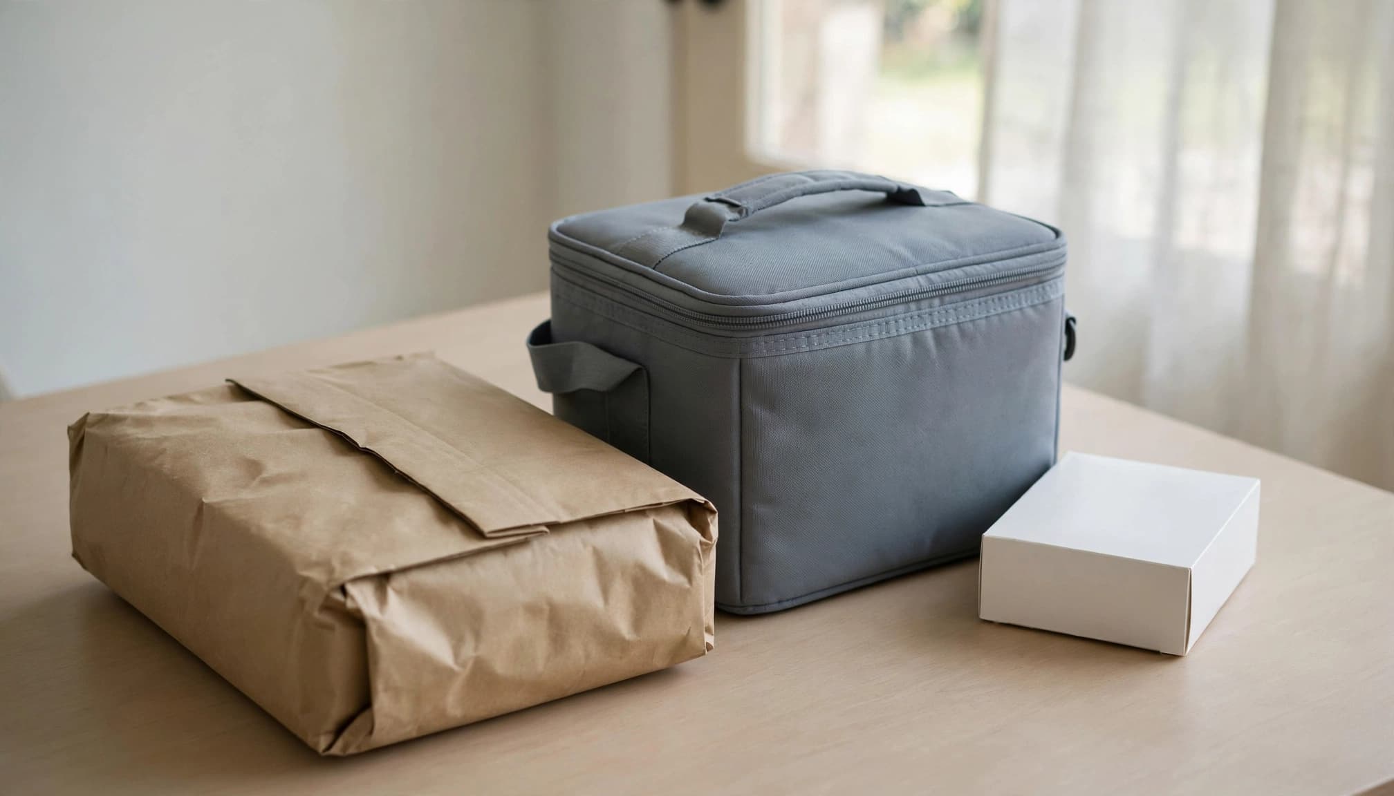 A delivery parcel, insulated case, and unopened medicine package sit on an entryway table.