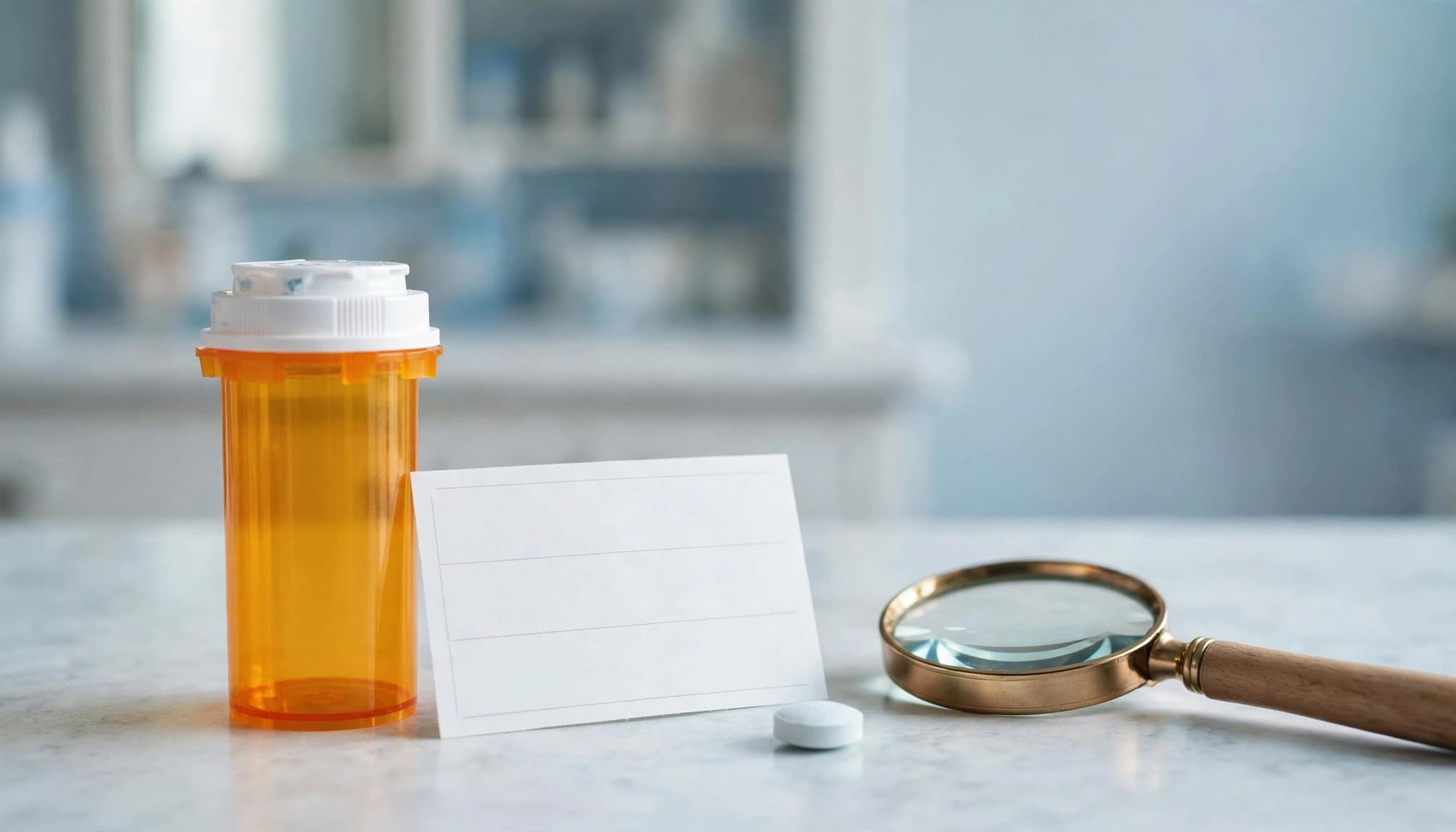 Amber medicine bottle, blank pharmacy label, tablet, and magnifying glass on a kitchen counter.