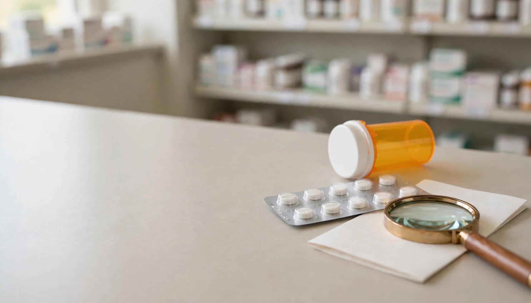 A prescription bottle, sealed blister pack, paper prescription, and magnifying glass on a pharmacy counter.