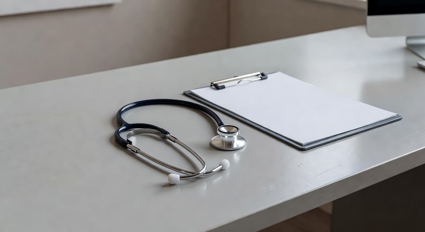 A high-quality stethoscope lies coiled on a polished wooden desk beside a clean white medical clipboard. The neutral clinical environment creates a sense of reliability and professional health care authority.