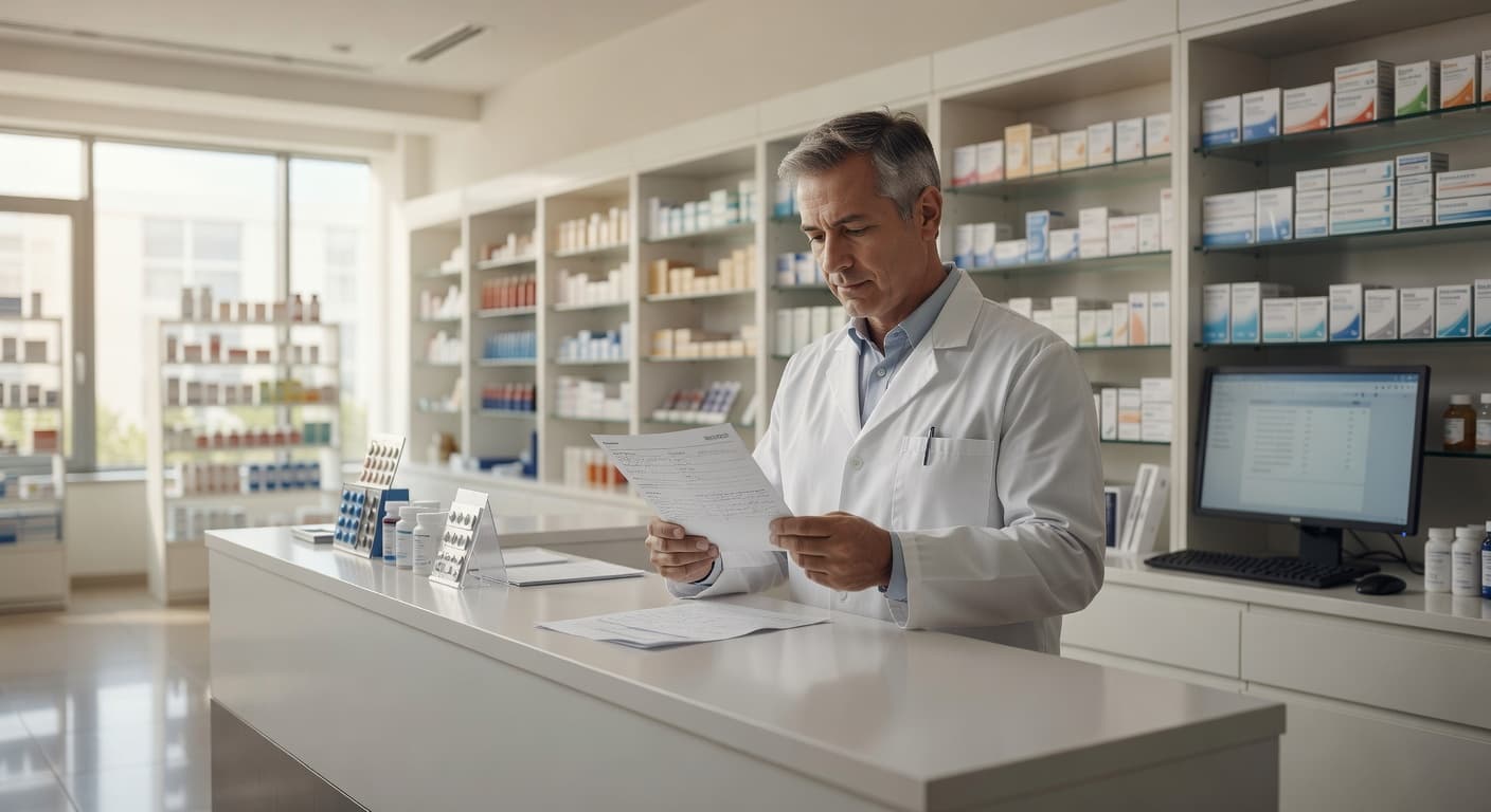 A pharmacist in a crisp white coat stands behind a sleek pharmacy counter, carefully inspecting a document. The background features organized shelves filled with medication boxes bathed in soft natural lighting.