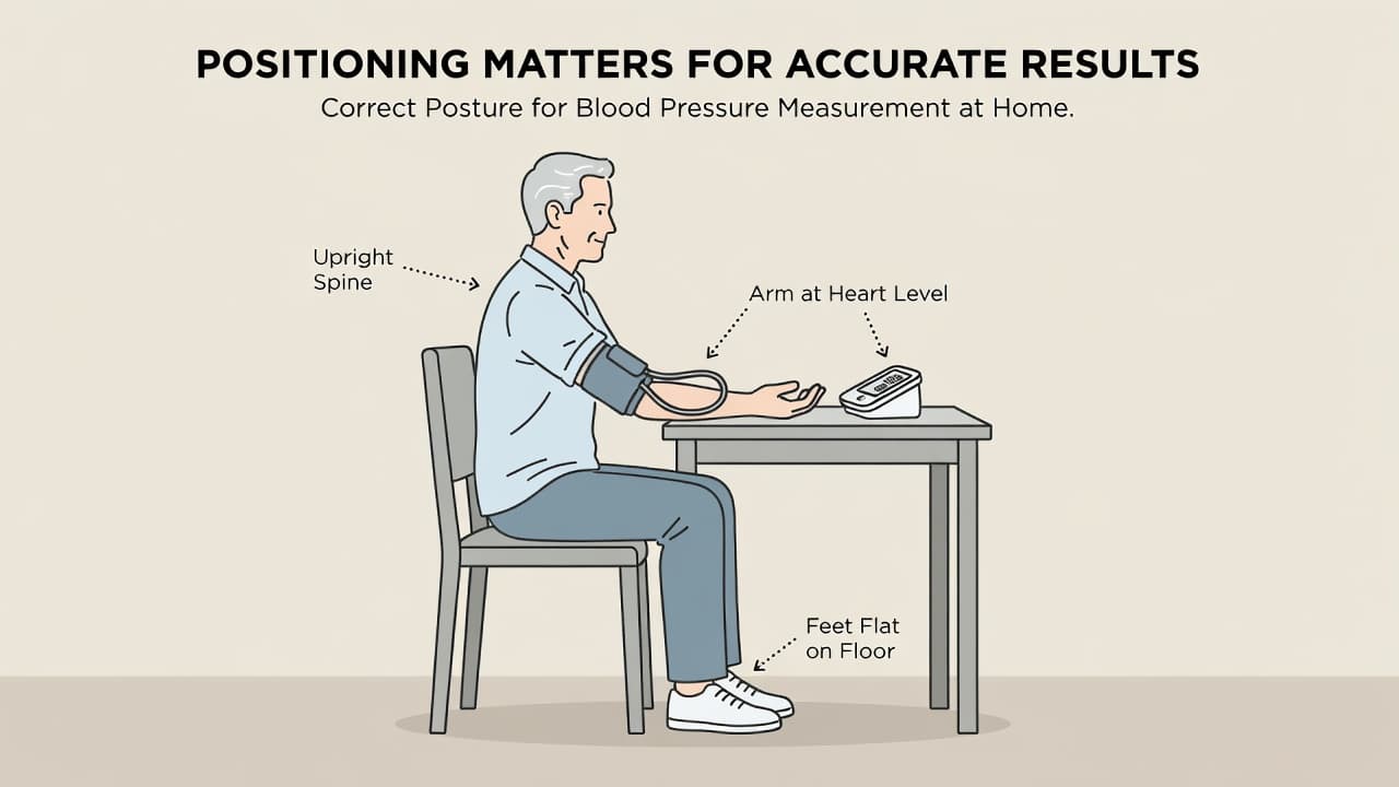 A person sits with a neutral, upright posture in a chair while wearing an arm cuff. Their forearm rests steadily on a table at heart level during the digital monitoring process.