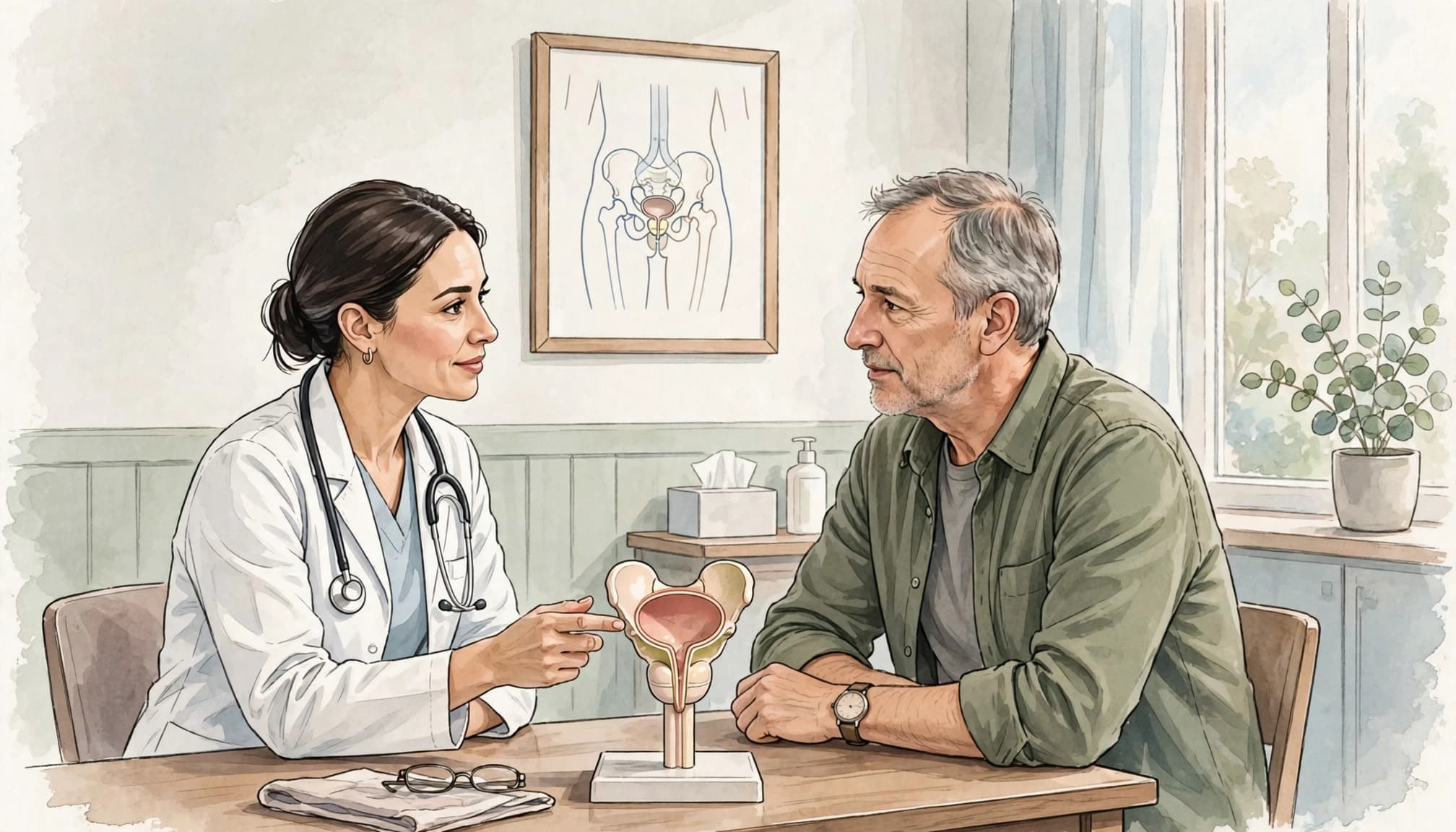 A female clinician in a white coat shows a prostate model to an adult male patient seated at a table.