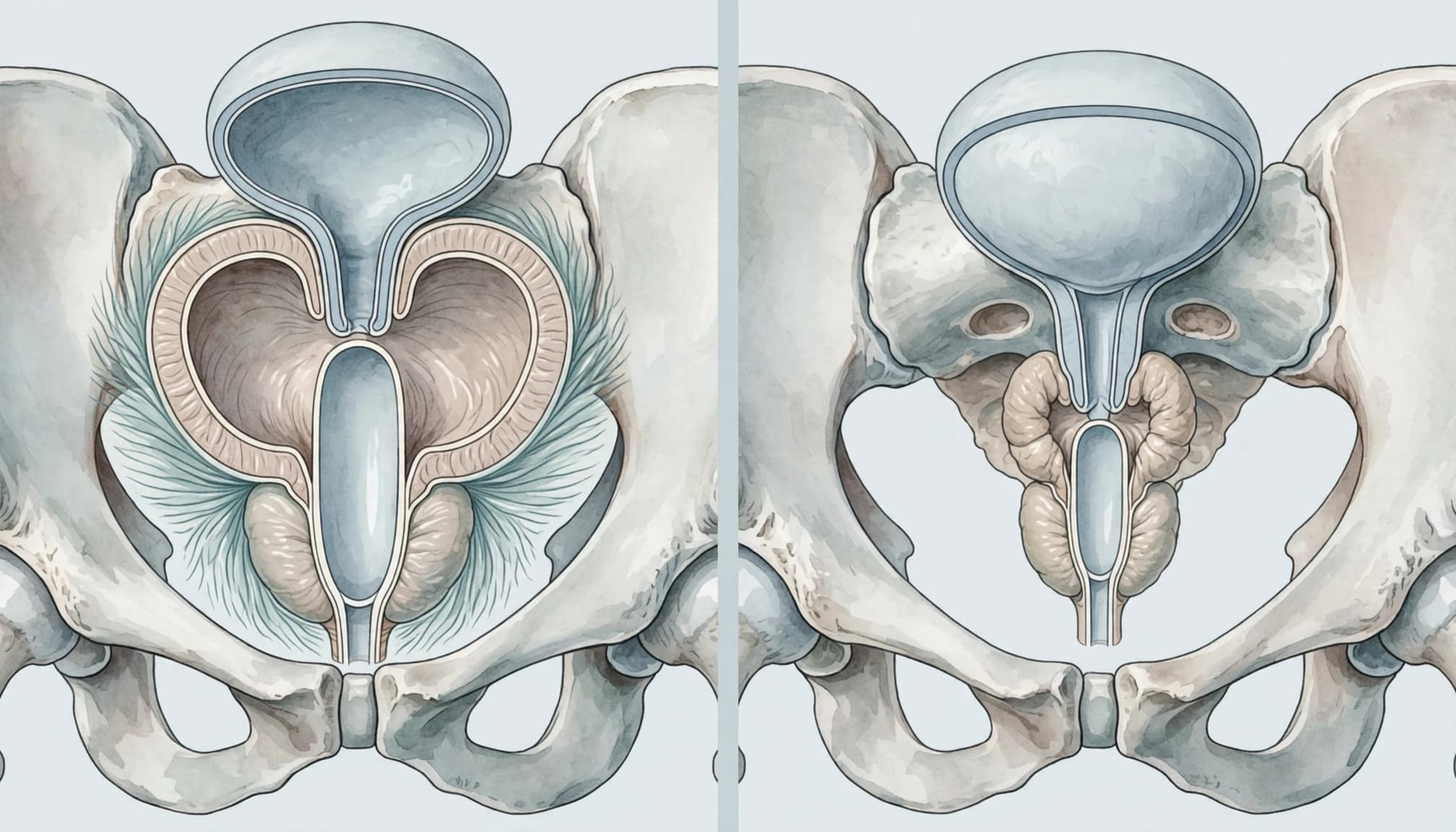 Medical illustration of male pelvic anatomy showing an enlarged prostate and bladder in two side-by-side states.
