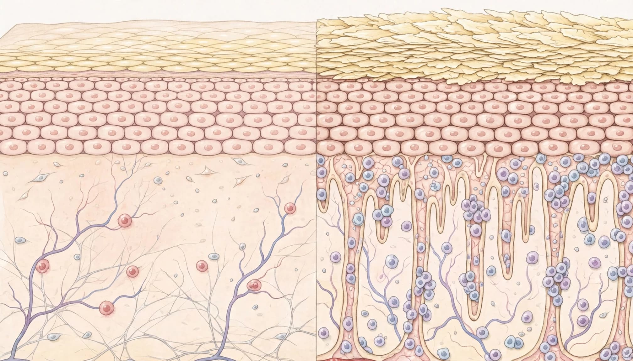 A medical illustration comparing healthy skin cross-section with plaque psoriasis skin.