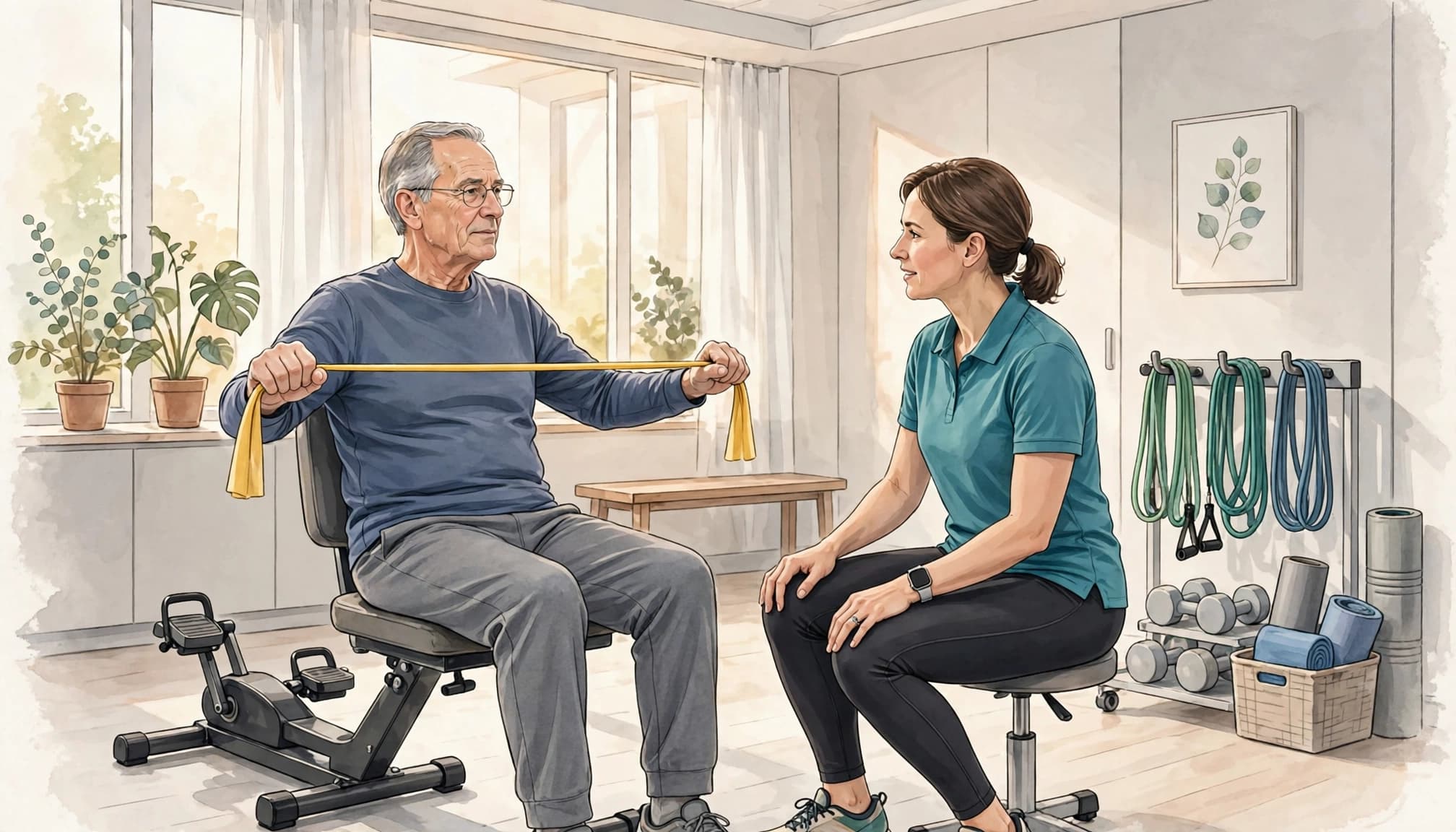 An older adult exercising with a resistance band, supervised by a physiotherapist in a bright clinic.