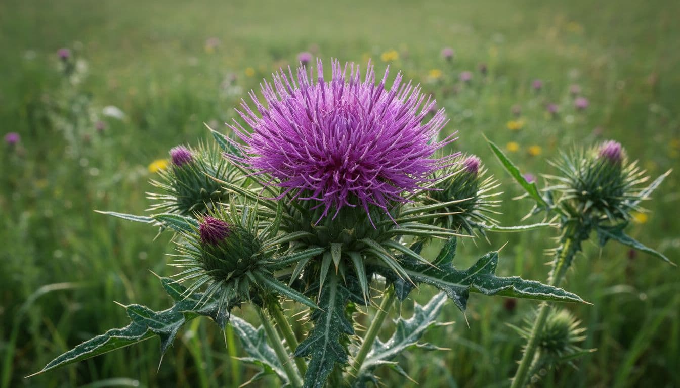 Purple milk thistle flower blooming in green field, spiky leaves visible under soft sunlight.