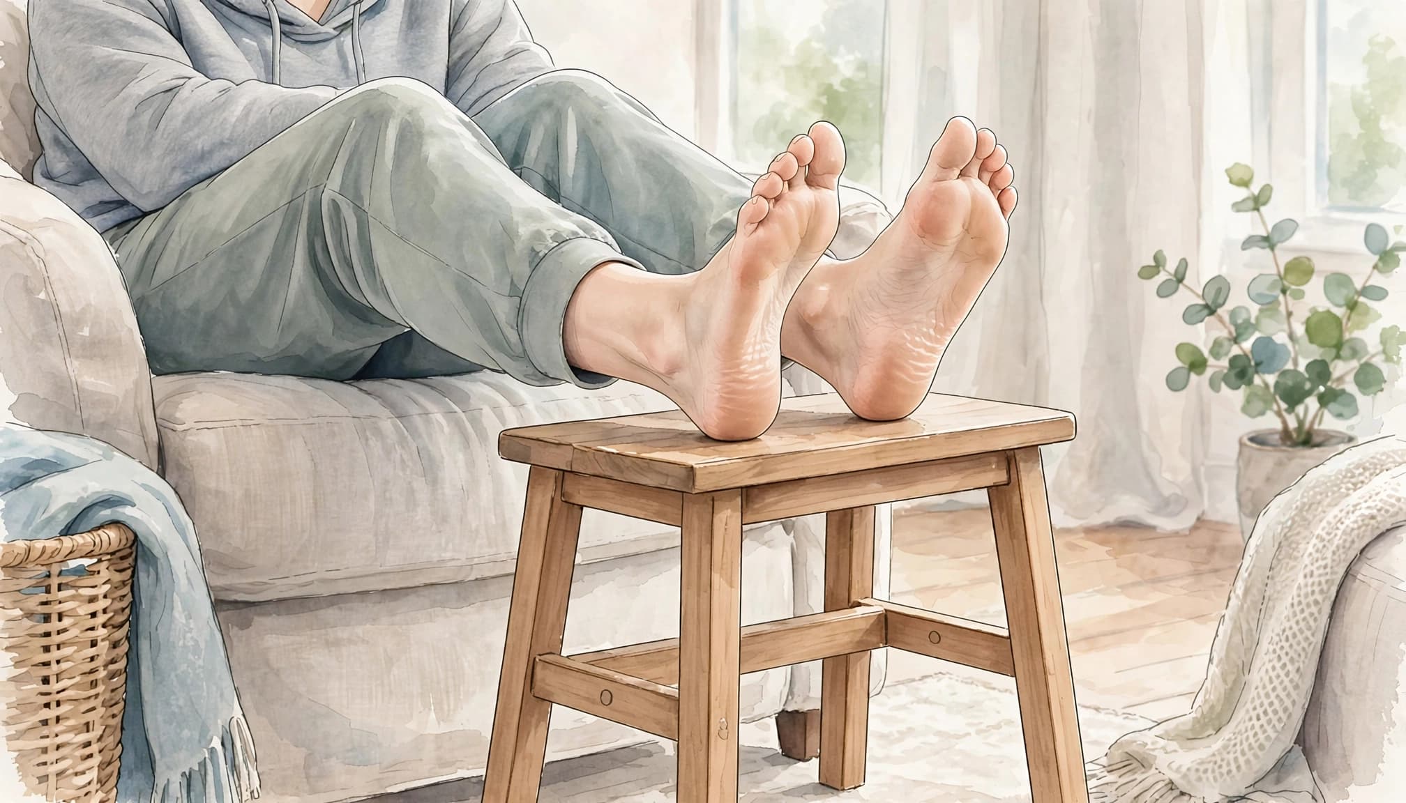 A person sitting on a sofa with their bare feet resting up on a wooden footstool.
