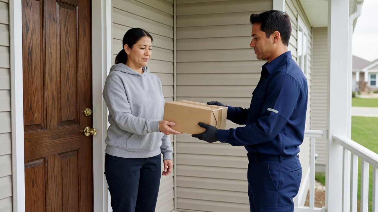 An adult stands at a clean front doorway to accept a small, unmarked parcel from a professional delivery worker. The scene emphasizes the secure handover of medication in a residential setting.