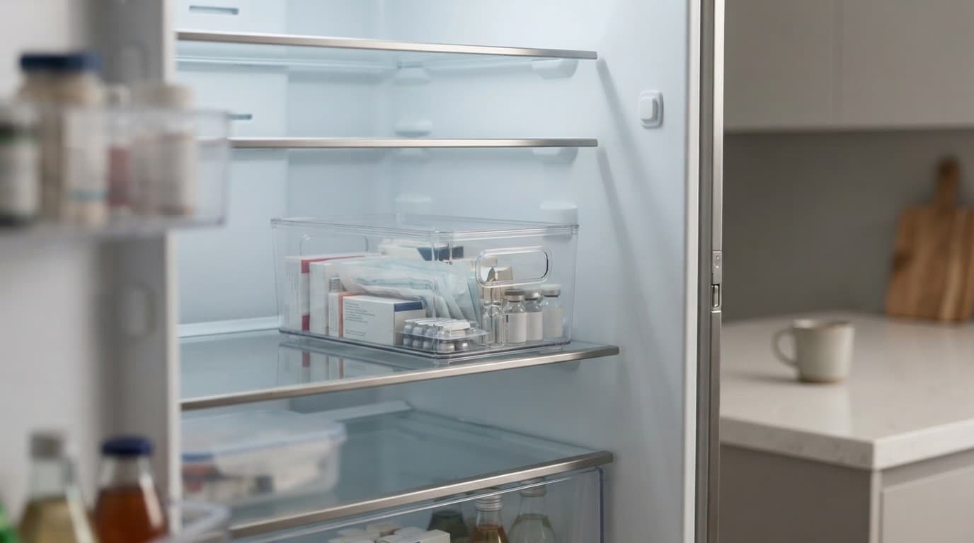 A clear medicine box on a softly lit refrigerator shelf.