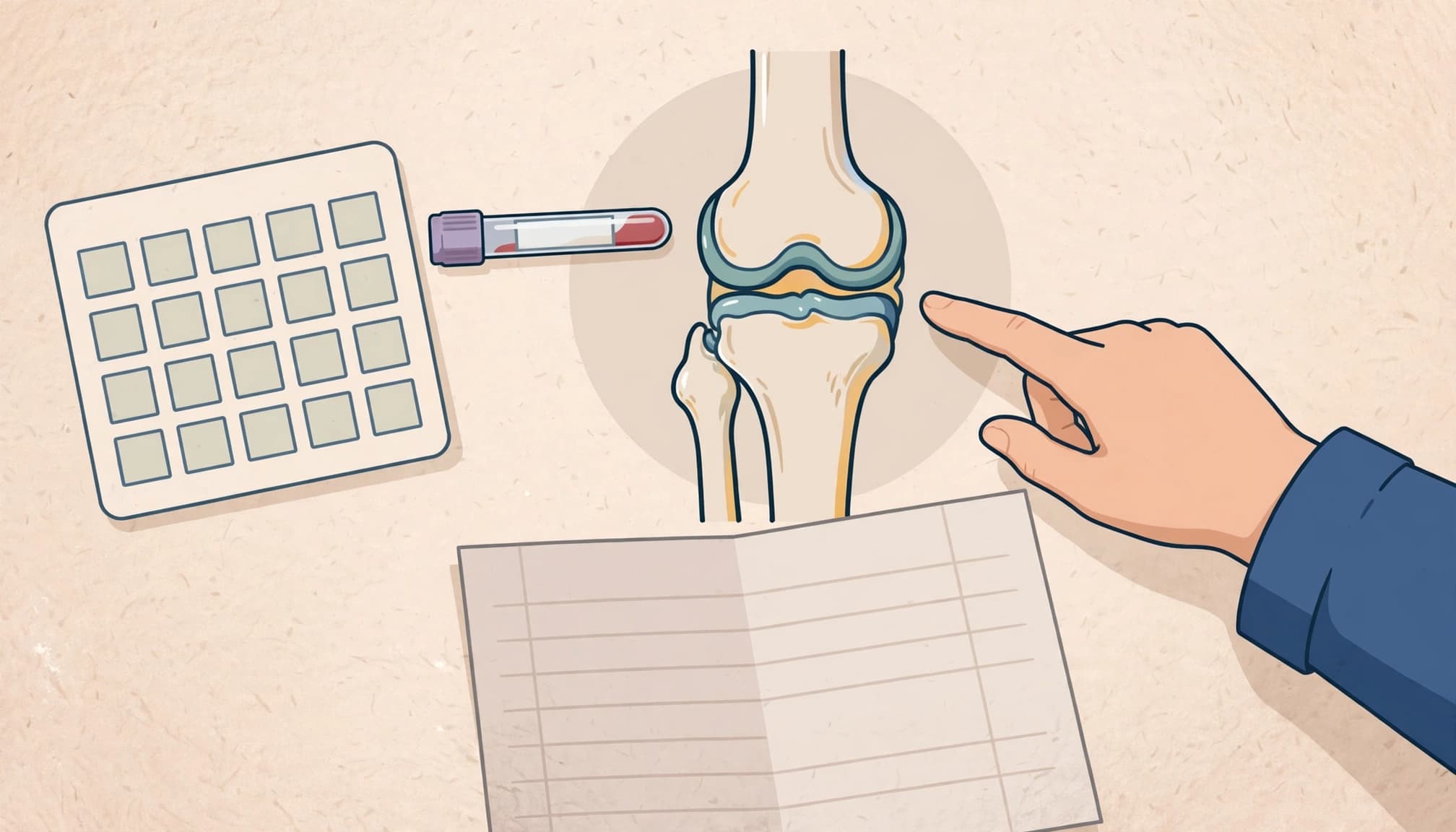 An illustration showing a hand pointing to a knee joint diagram next to a blood tube and a calendar.