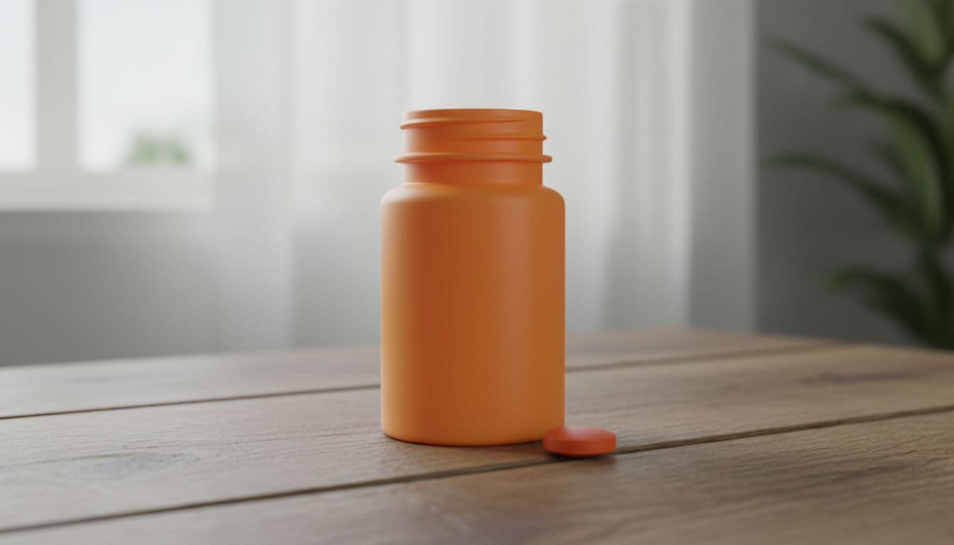 Close-up of a modern orange extended-release tablet bottle on a wooden table, with one single round orange-coated tablet spilled beside it, in soft morning light, photorealistic high detail, clean centered composition.