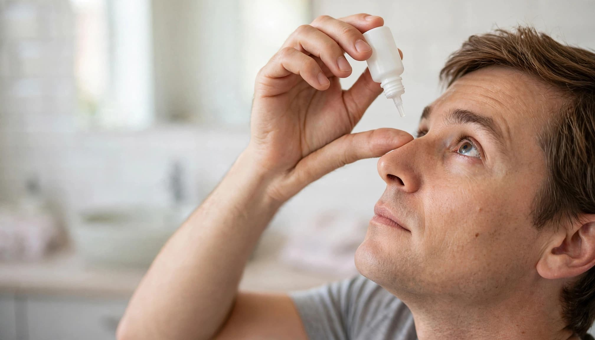 An adult holds an eye-drop bottle above the lower eyelid without touching it.