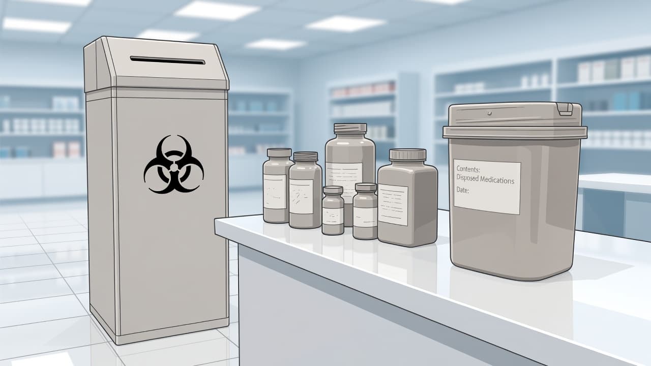 A secure medicine collection bin placed next to empty pill bottles on a bright pharmacy counter.