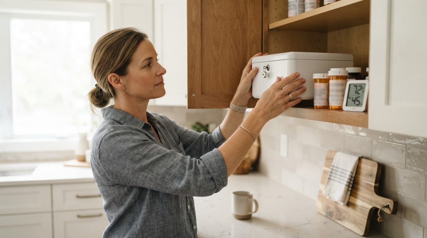Caregiver organizing medicines beneath a locked box stored high in a kitchen cabinet.