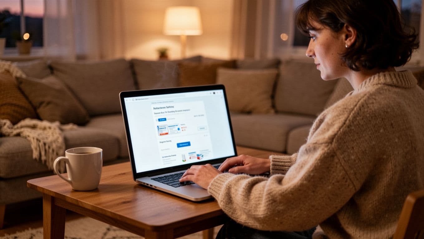 A person at a home laptop in a cozy living room safely orders medicines online, with a coffee mug nearby and soft evening light illuminating the scene. Realistic photo featuring exactly one person and a blurred screen with no readable text.