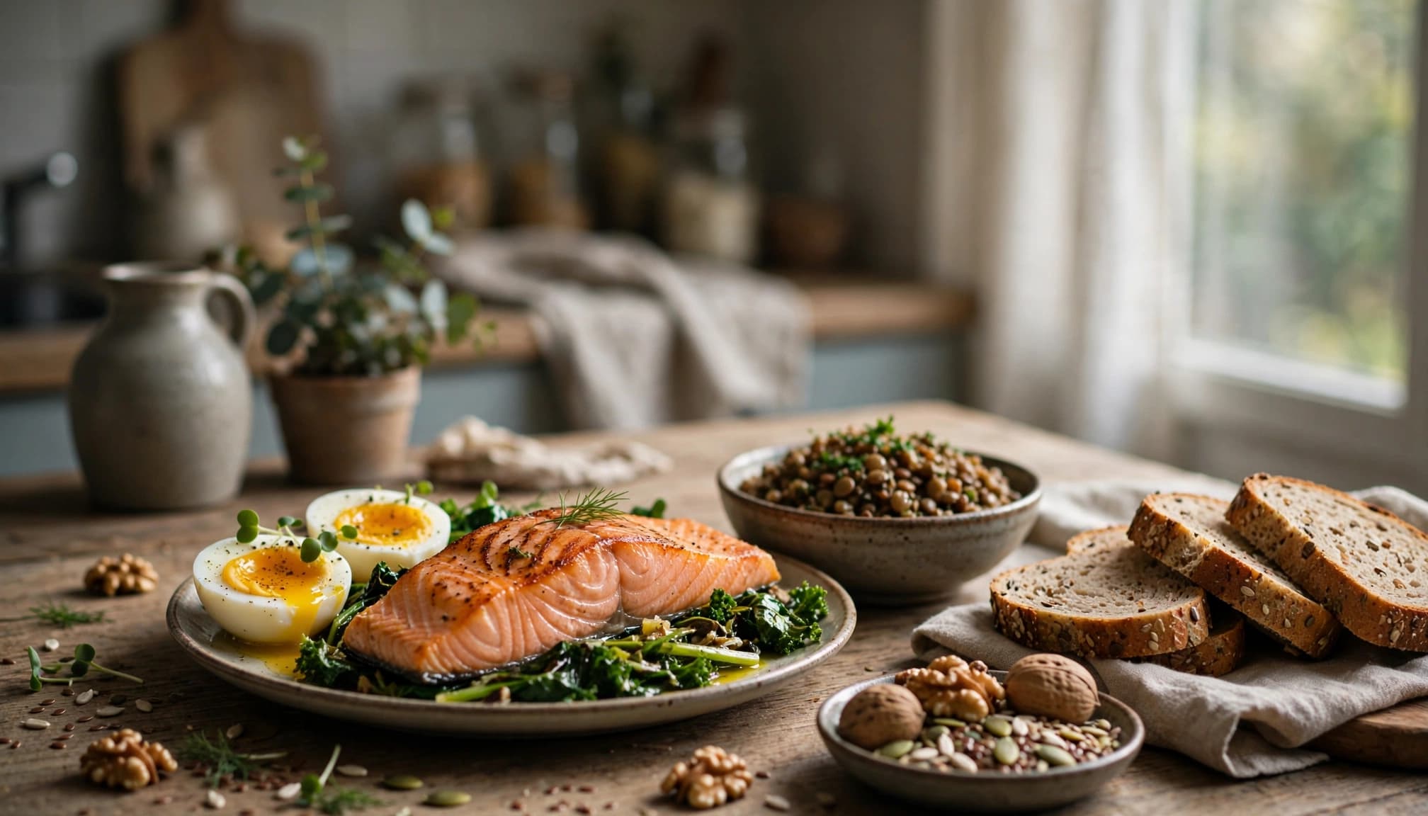A balanced meal of grilled salmon, boiled eggs, leafy greens, bread, and walnuts on a wooden table.