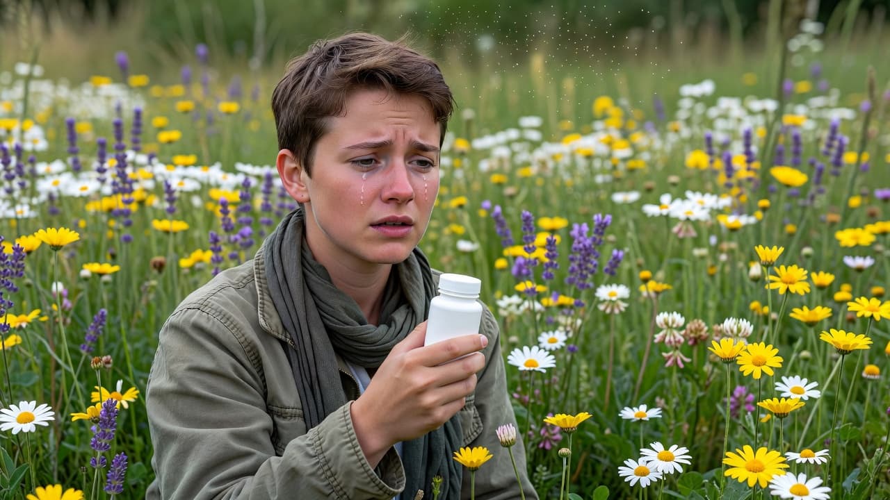 A person stands in a vibrant meadow holding a small white medicine bottle. They appear distressed with a red nose and watery eyes, highlighting the physical impact of seasonal pollen exposure.